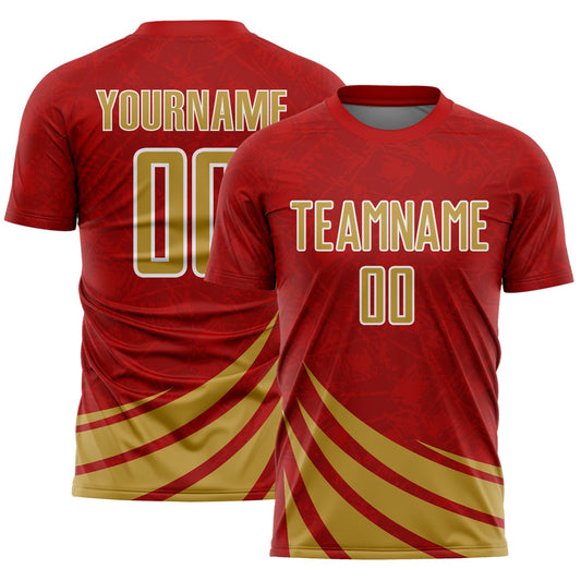Custom Red Old Gold-White Distressed Diagonal Stripes Wind Shapes Sports Sublimation Soccer Uniform Jersey - Main View