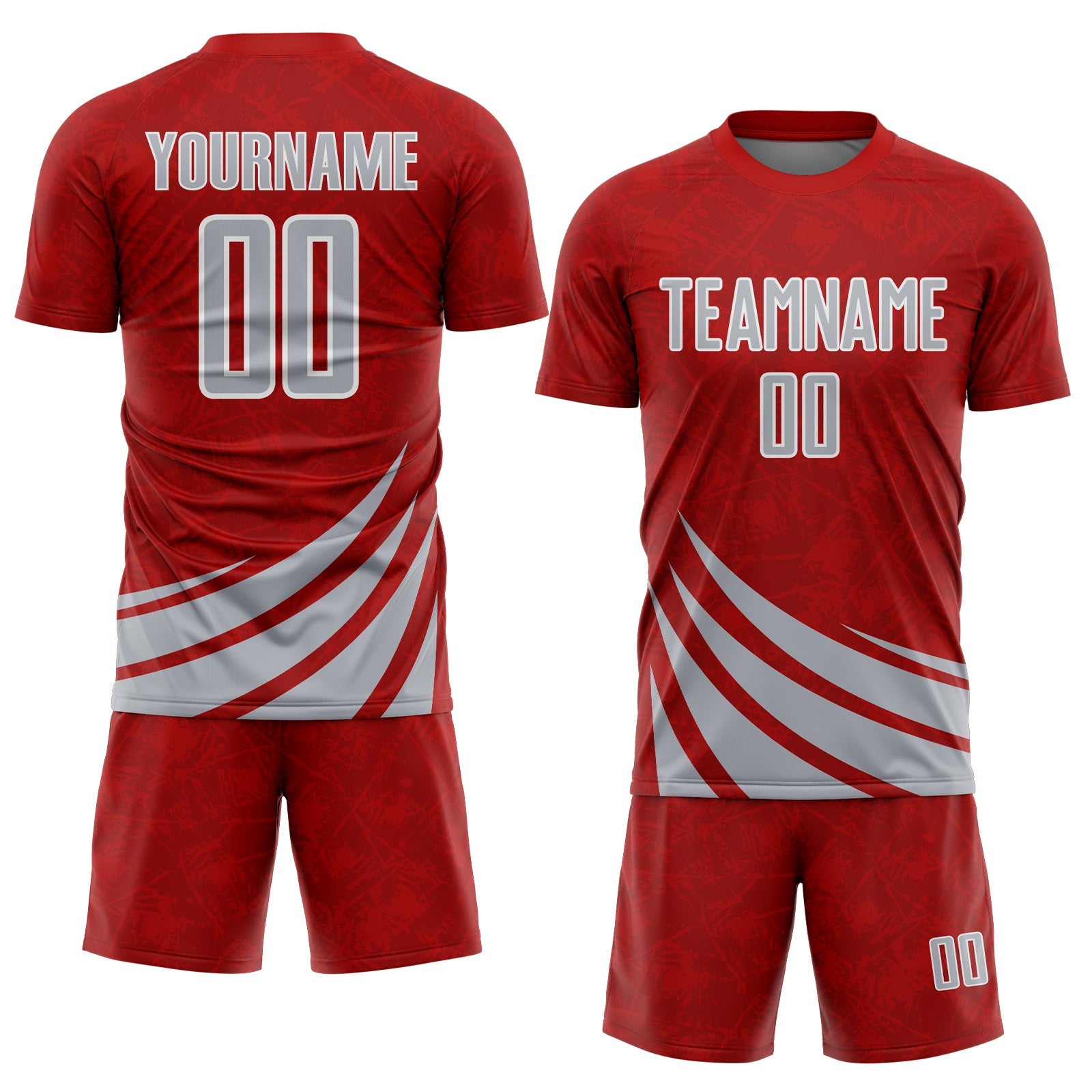 Custom Red Gray-White Distressed Diagonal Stripes Wind Shapes Sports Sublimation Soccer Uniform Jersey view 2