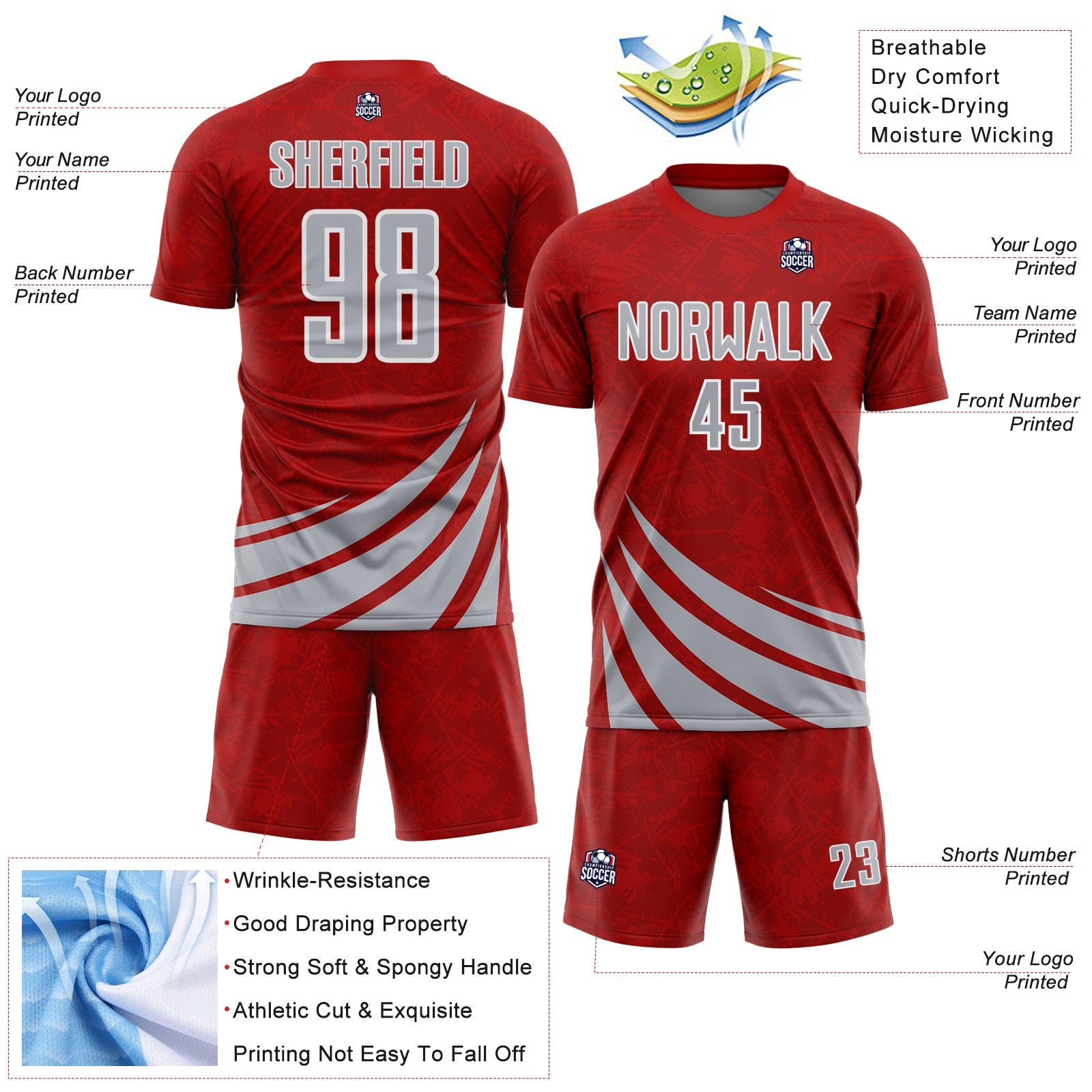 Custom Red Gray-White Distressed Diagonal Stripes Wind Shapes Sports Sublimation Soccer Uniform Jersey view 4