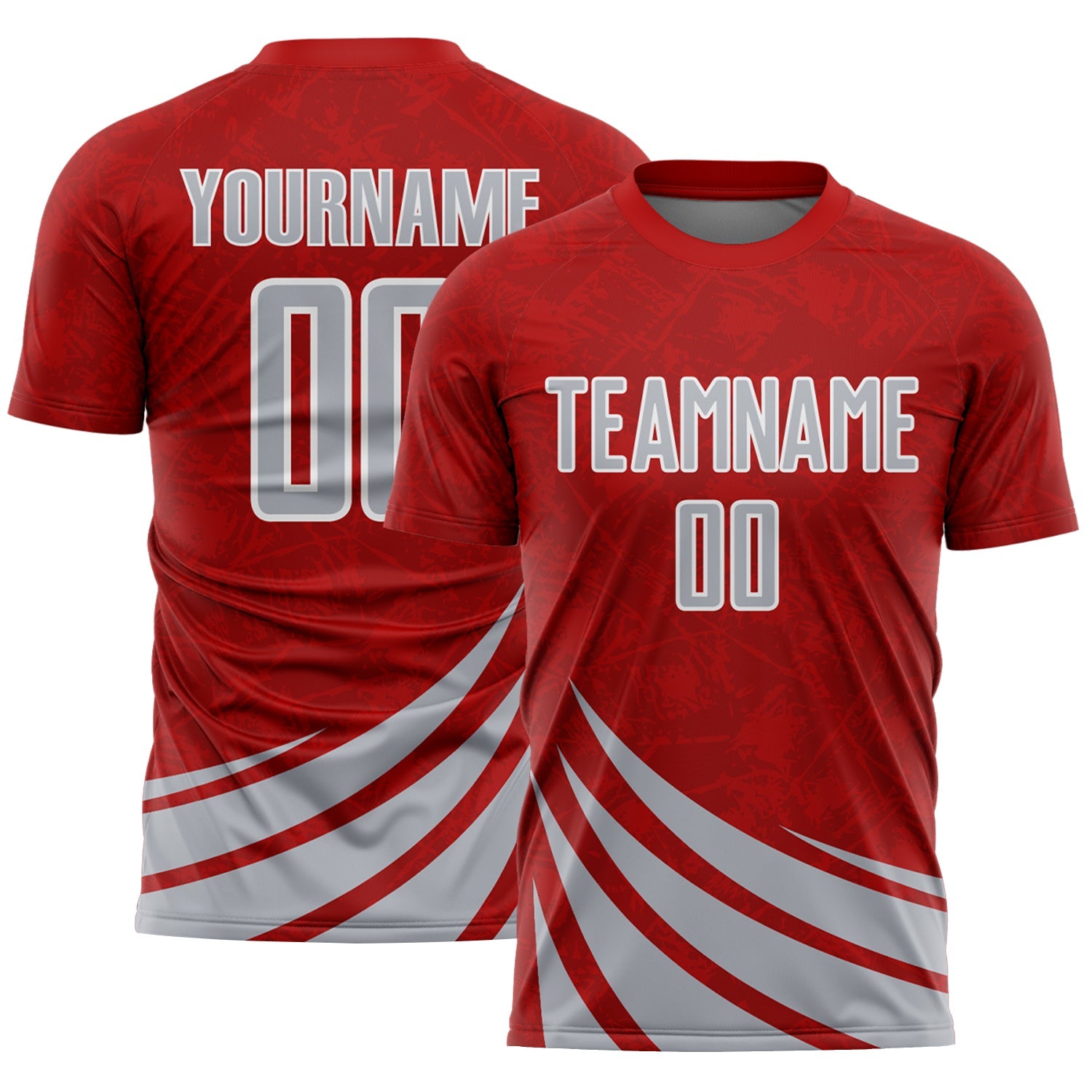 Custom Red Gray-White Distressed Diagonal Stripes Wind Shapes Sports Sublimation Soccer Uniform Jersey - Main View