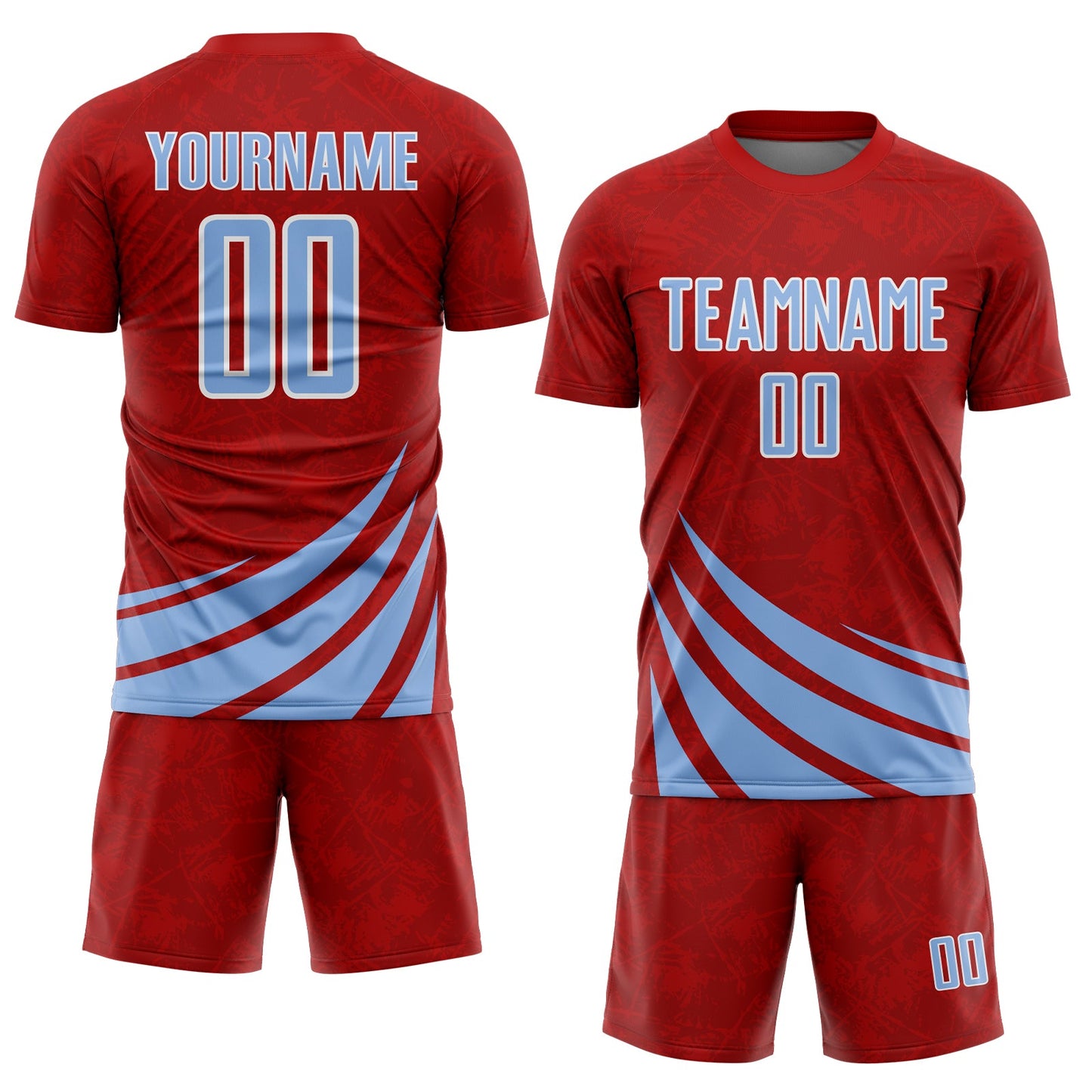 Custom Red Light Blue-White Distressed Diagonal Stripes Wind Shapes Sports Sublimation Soccer Uniform Jersey view 2