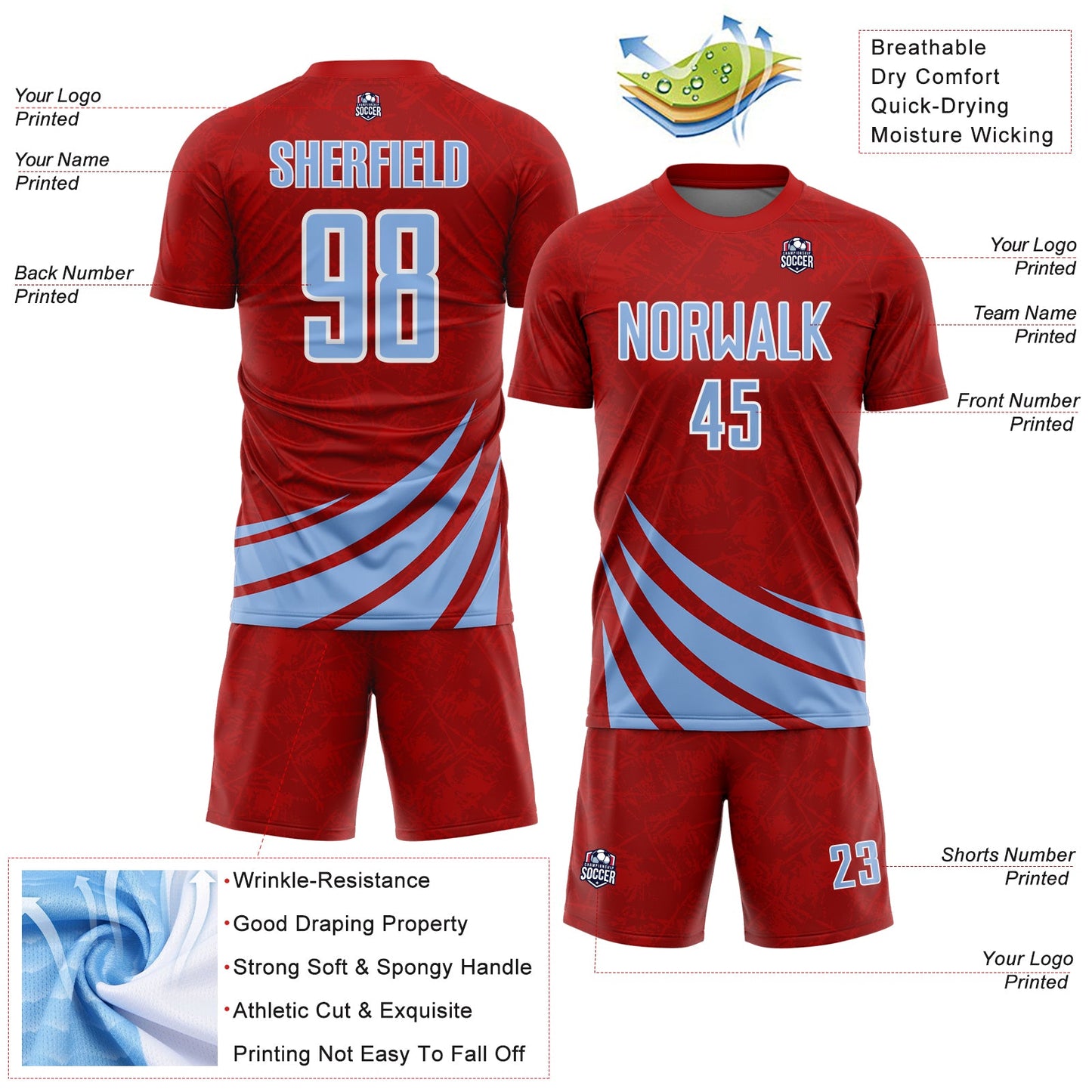 Custom Red Light Blue-White Distressed Diagonal Stripes Wind Shapes Sports Sublimation Soccer Uniform Jersey view 4