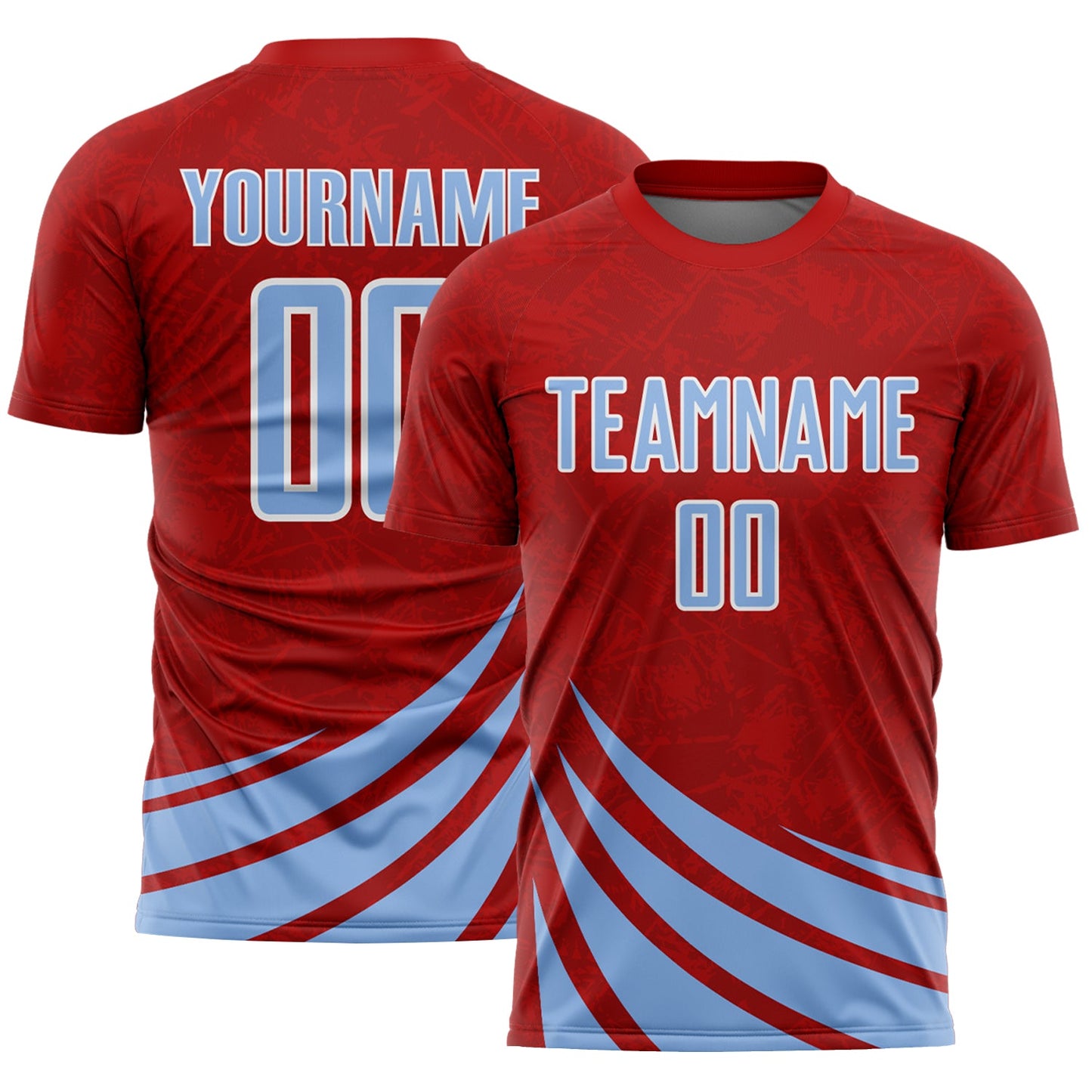 Custom Red Light Blue-White Distressed Diagonal Stripes Wind Shapes Sports Sublimation Soccer Uniform Jersey - Main View