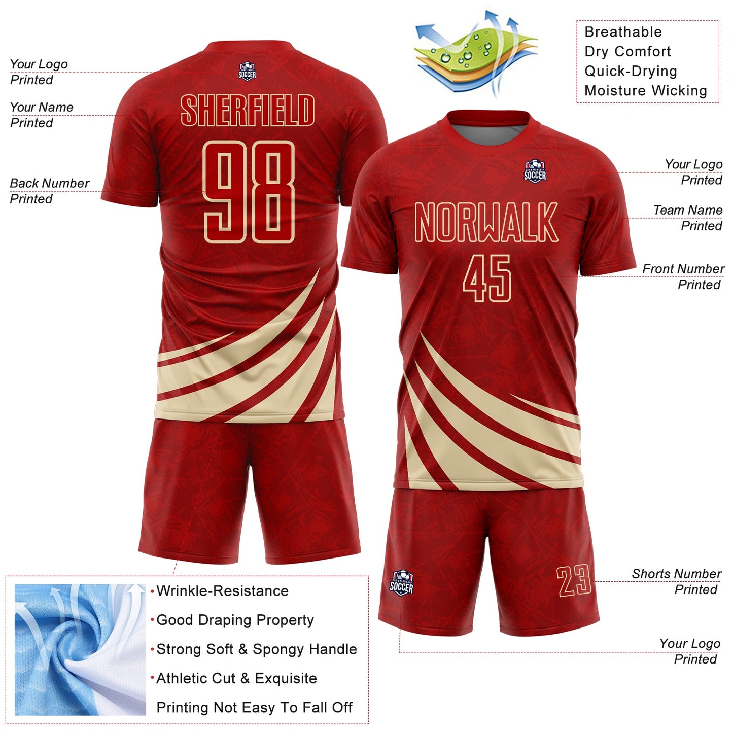 Custom Red Cream Distressed Diagonal Stripes Wind Shapes Sports Sublimation Soccer Uniform Jersey view 4