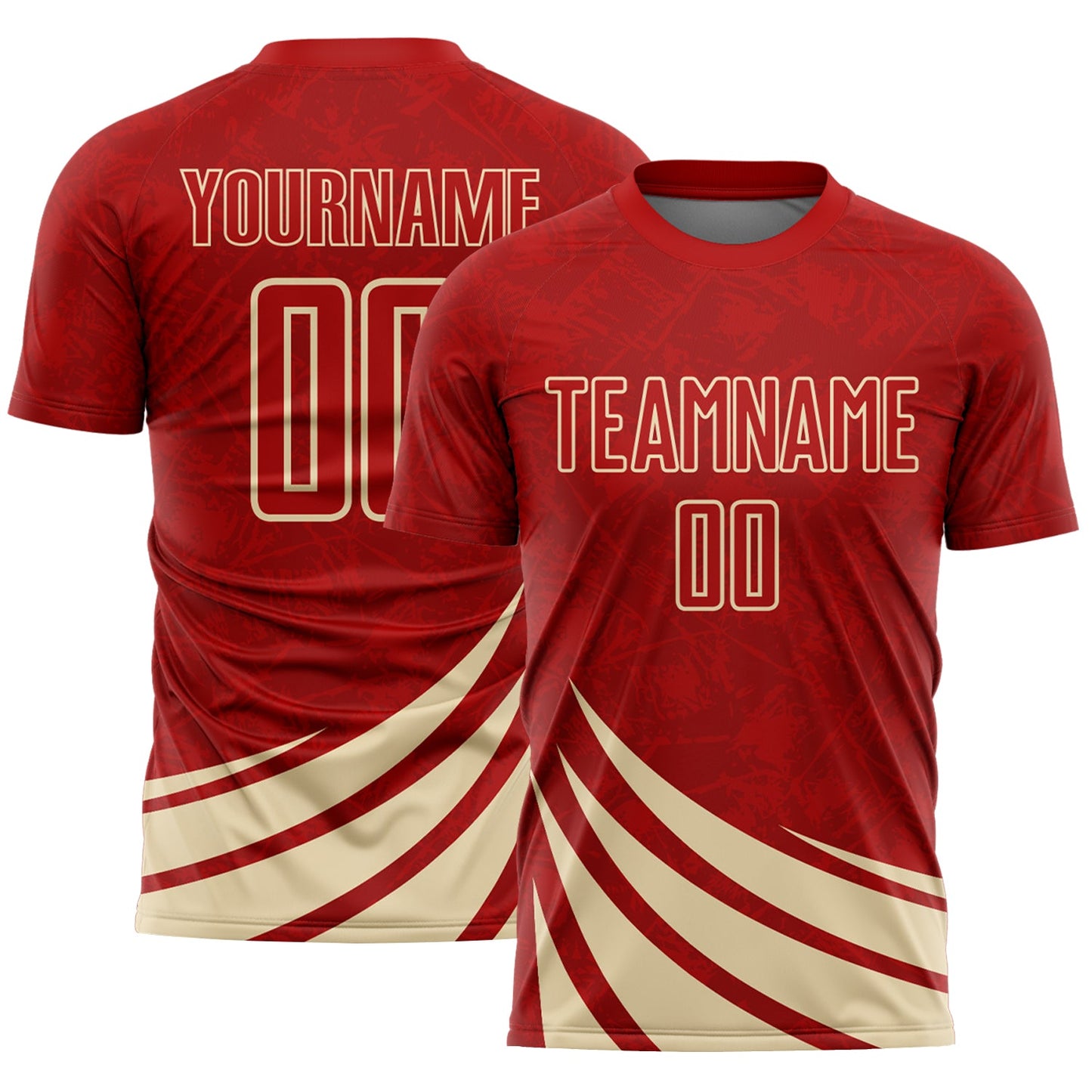 Custom Red Cream Distressed Diagonal Stripes Wind Shapes Sports Sublimation Soccer Uniform Jersey - Main View