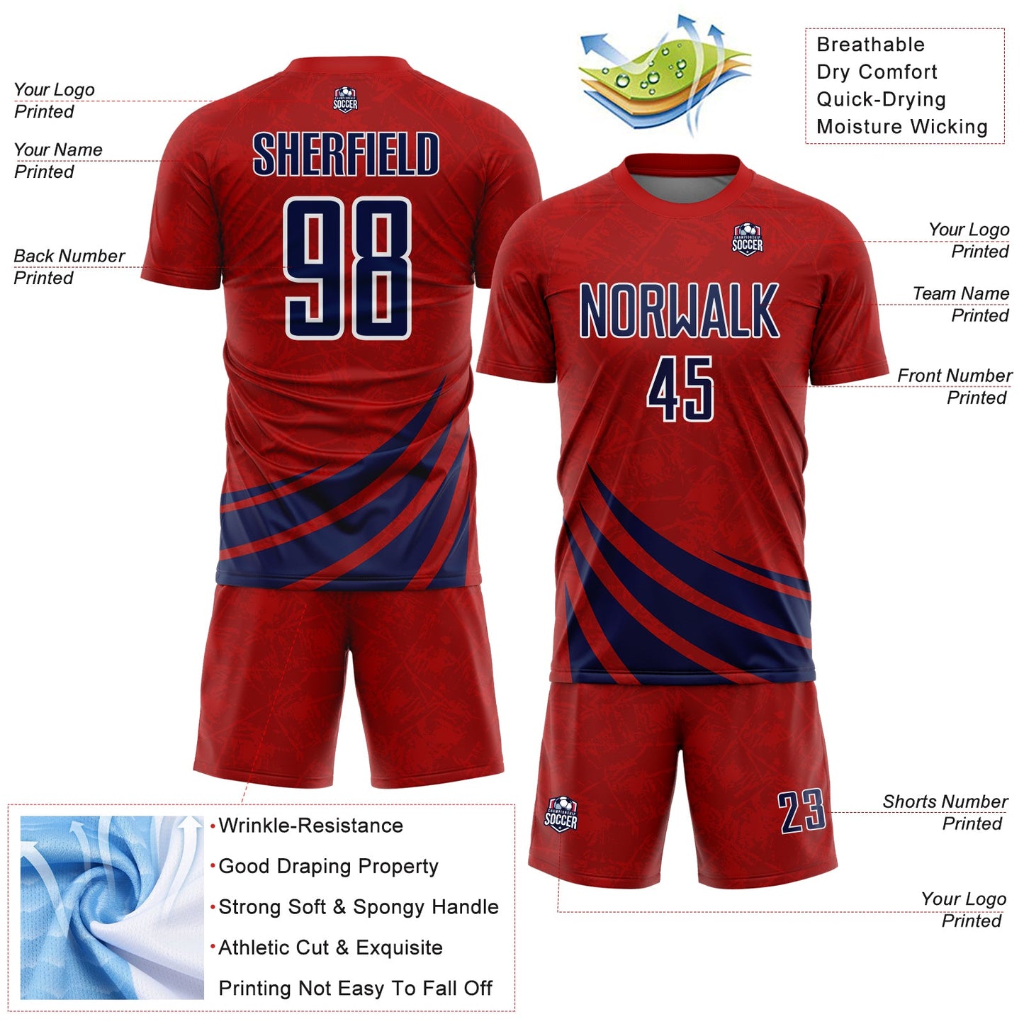 Custom Red Navy-White Distressed Diagonal Stripes Wind Shapes Sports Sublimation Soccer Uniform Jersey view 4