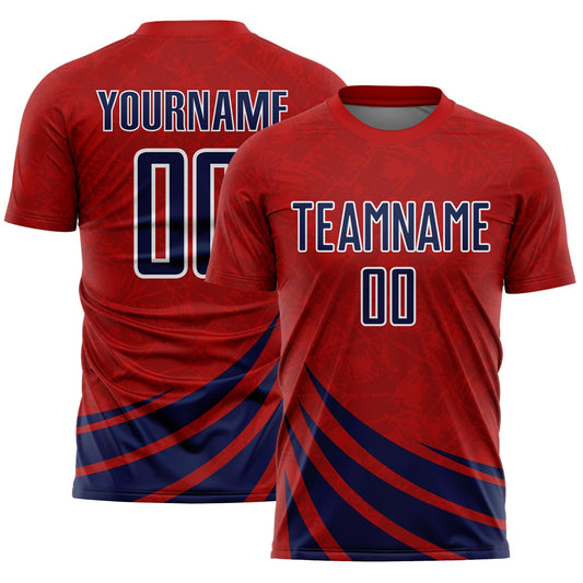 Custom Red Navy-White Distressed Diagonal Stripes Wind Shapes Sports Sublimation Soccer Uniform Jersey - Main View