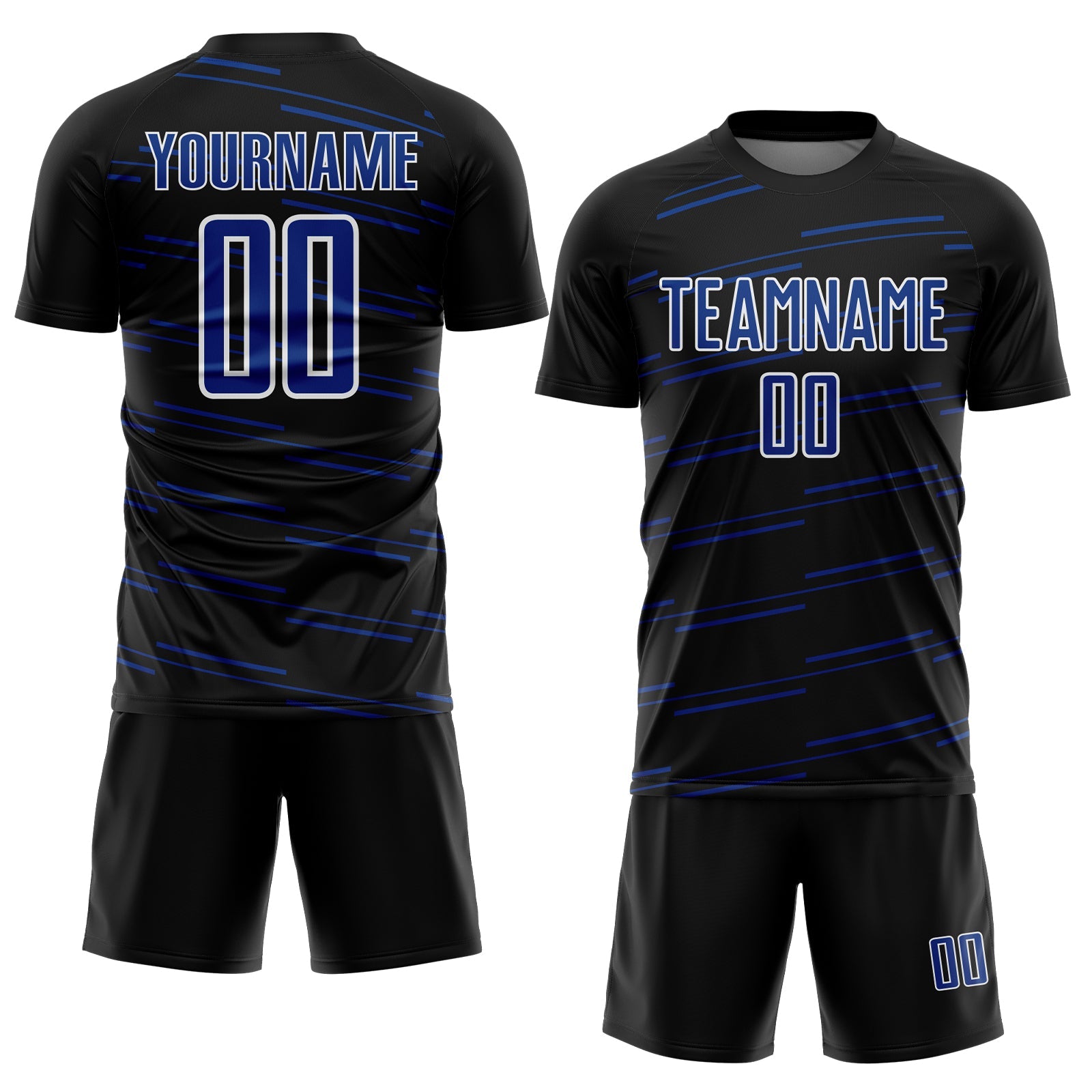 Custom Black Royal-White Diagonal Pinstripes Lines Sports Sublimation Soccer Uniform Jersey view 2