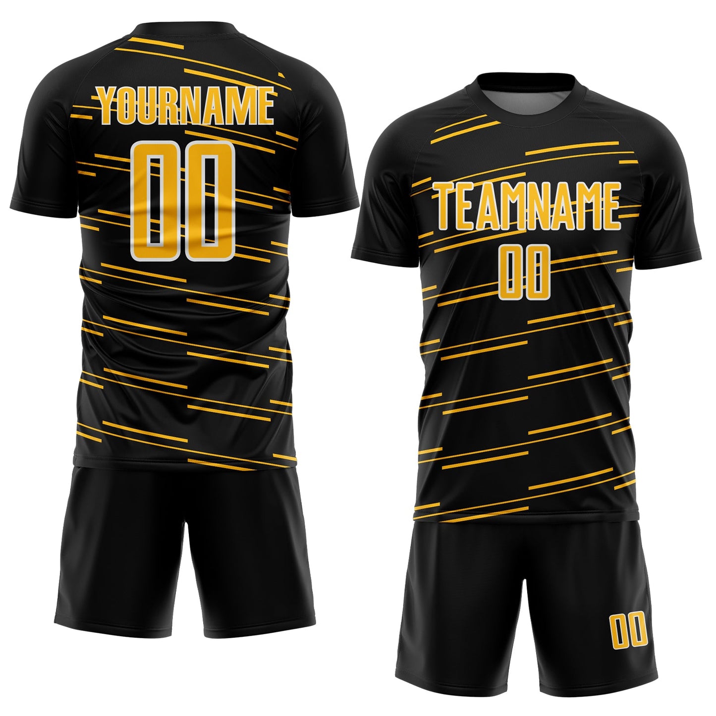 Custom Black Gold-White Diagonal Pinstripes Lines Sports Sublimation Soccer Uniform Jersey view 2