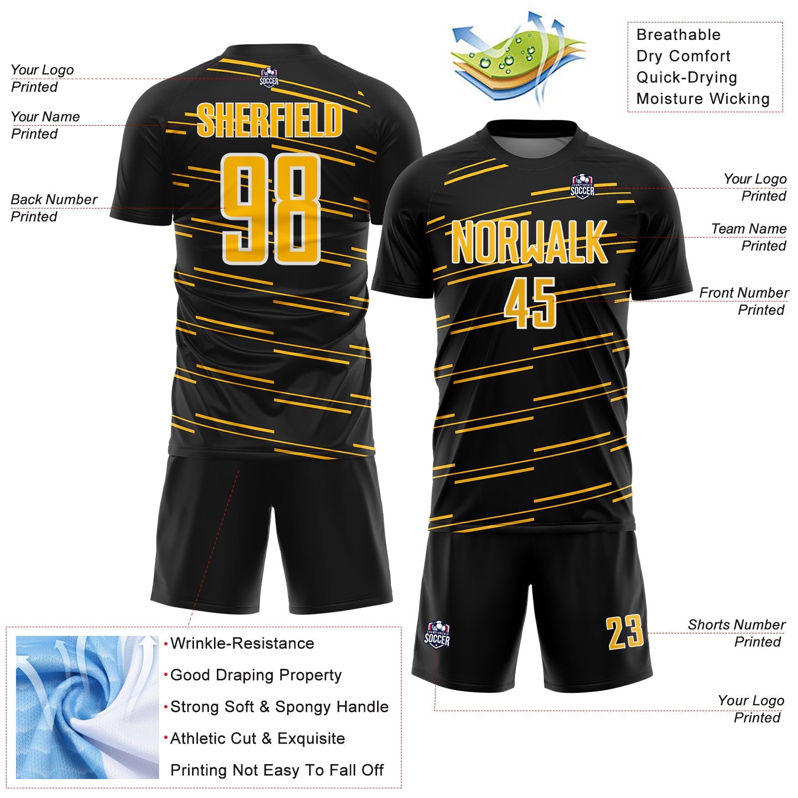 Custom Black Gold-White Diagonal Pinstripes Lines Sports Sublimation Soccer Uniform Jersey view 4
