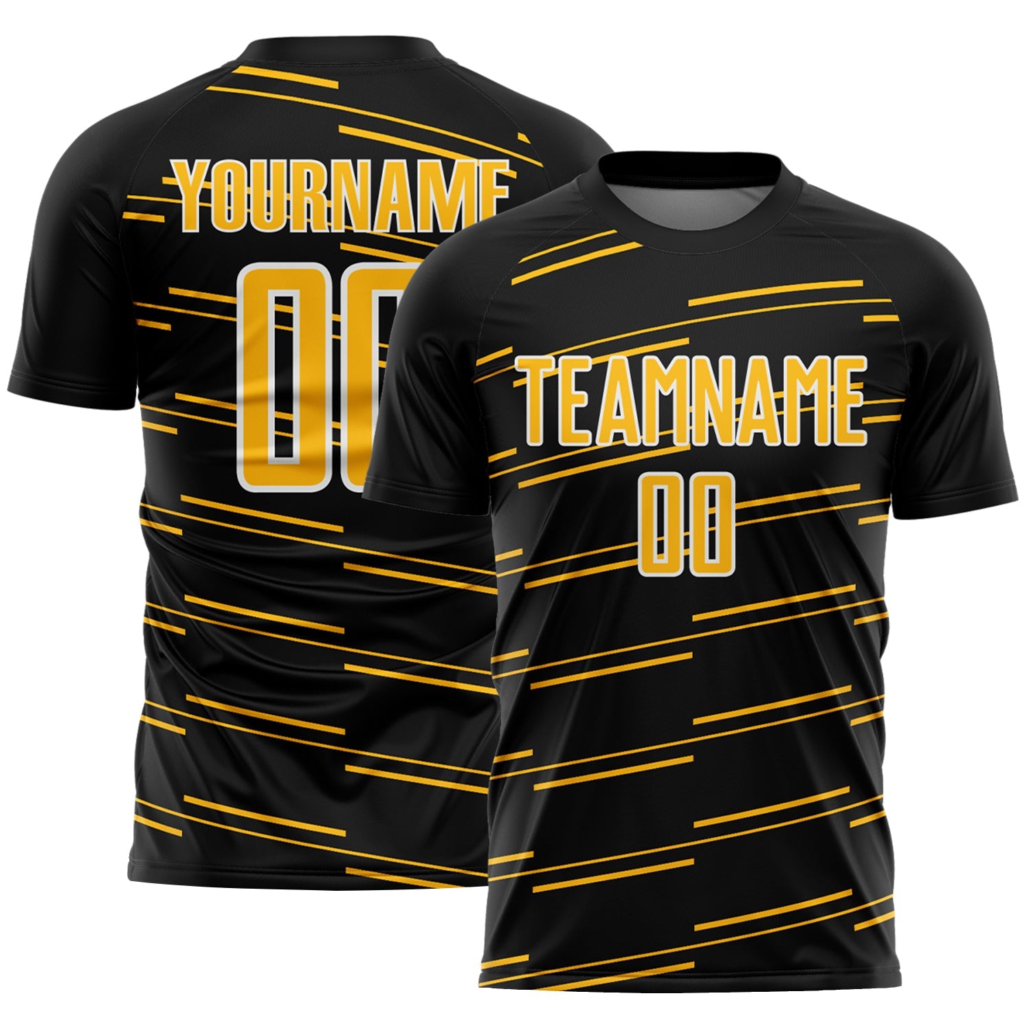 Custom Black Gold-White Diagonal Pinstripes Lines Sports Sublimation Soccer Uniform Jersey - Main View