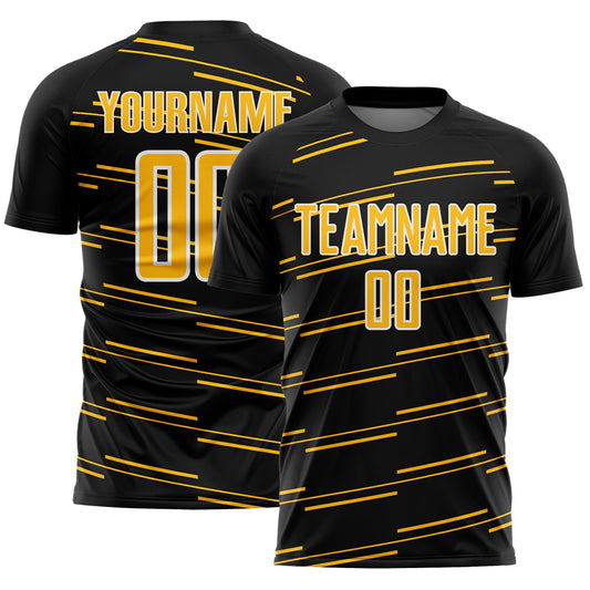Custom Black Gold-White Diagonal Pinstripes Lines Sports Sublimation Soccer Uniform Jersey - Main View
