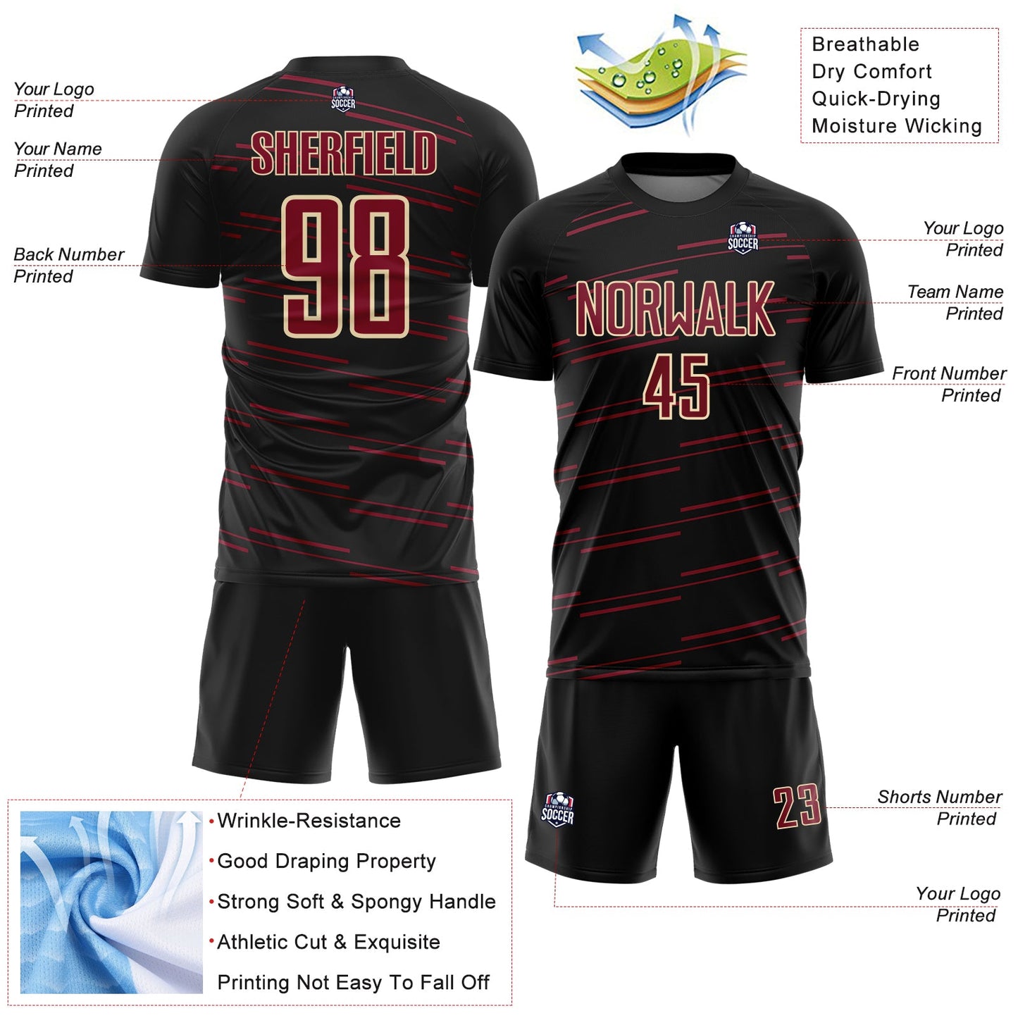 Custom Black Crimson-Cream Diagonal Pinstripes Lines Sports Sublimation Soccer Uniform Jersey view 4
