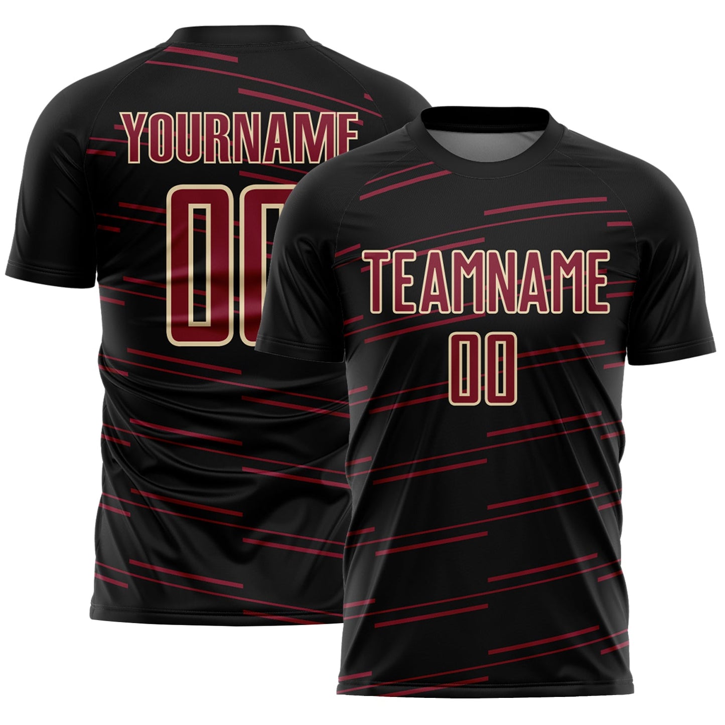 Custom Black Crimson-Cream Diagonal Pinstripes Lines Sports Sublimation Soccer Uniform Jersey - Main View