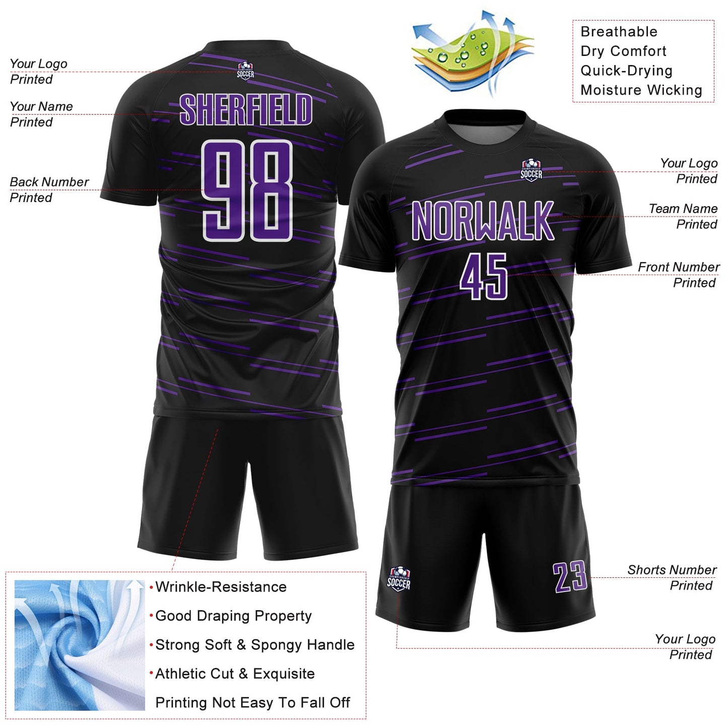 Custom Black Purple-White Diagonal Pinstripes Lines Sports Sublimation Soccer Uniform Jersey view 4