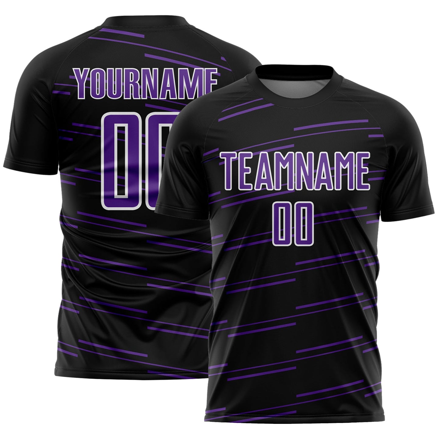 Custom Black Purple-White Diagonal Pinstripes Lines Sports Sublimation Soccer Uniform Jersey - Main View