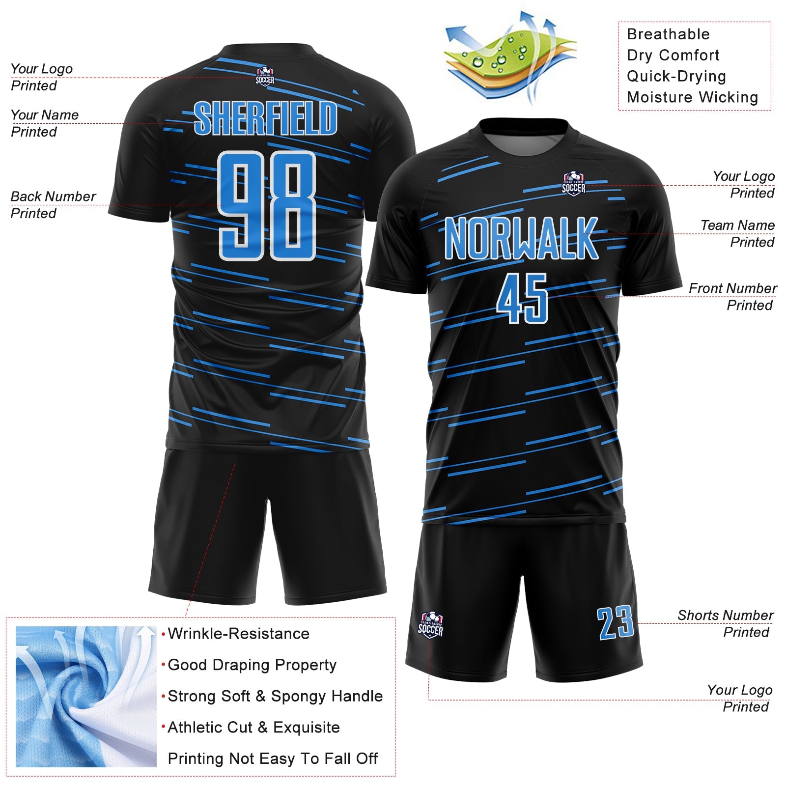 Custom Black Powder Blue-White Diagonal Pinstripes Lines Sports Sublimation Soccer Uniform Jersey view 4