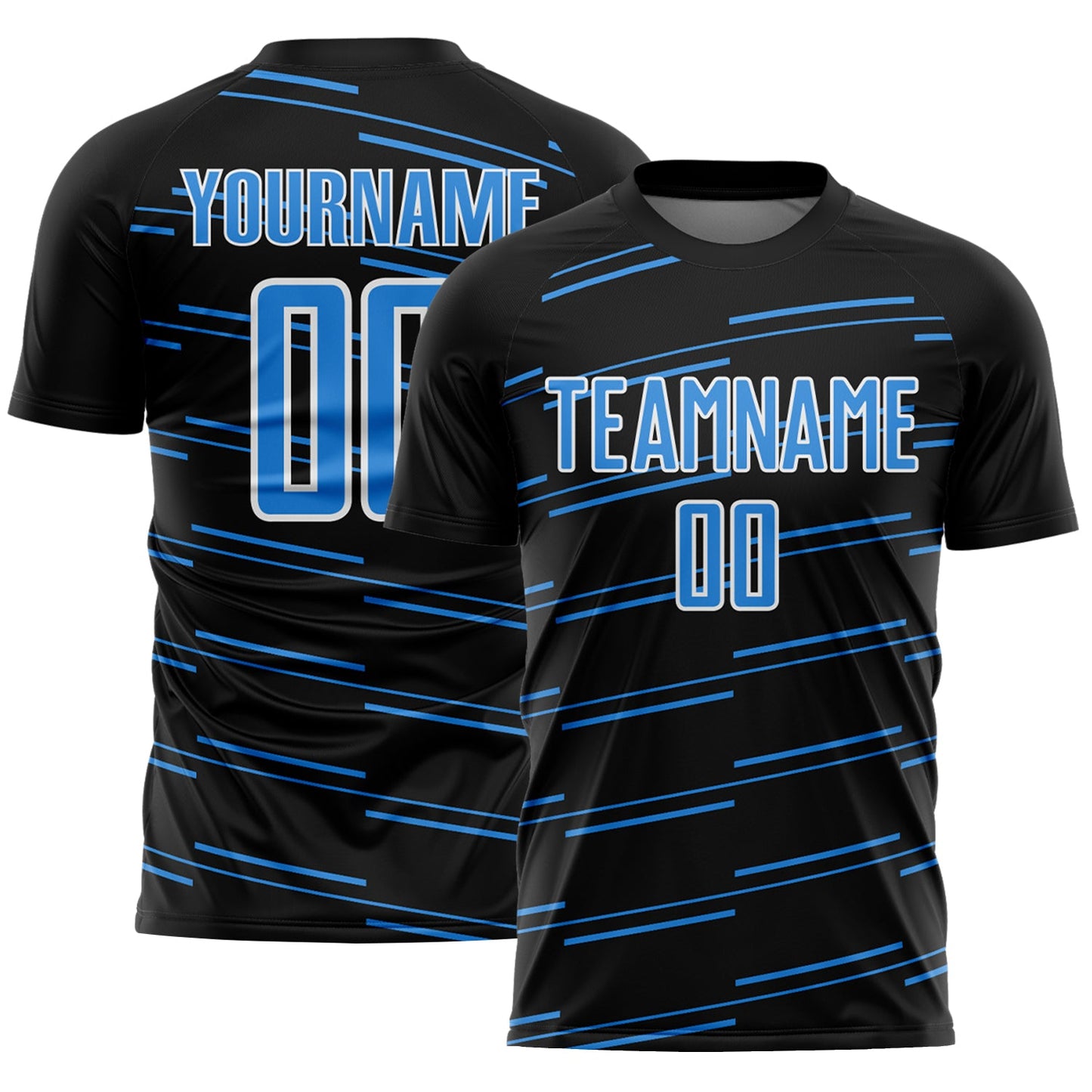 Custom Black Powder Blue-White Diagonal Pinstripes Lines Sports Sublimation Soccer Uniform Jersey - Main View