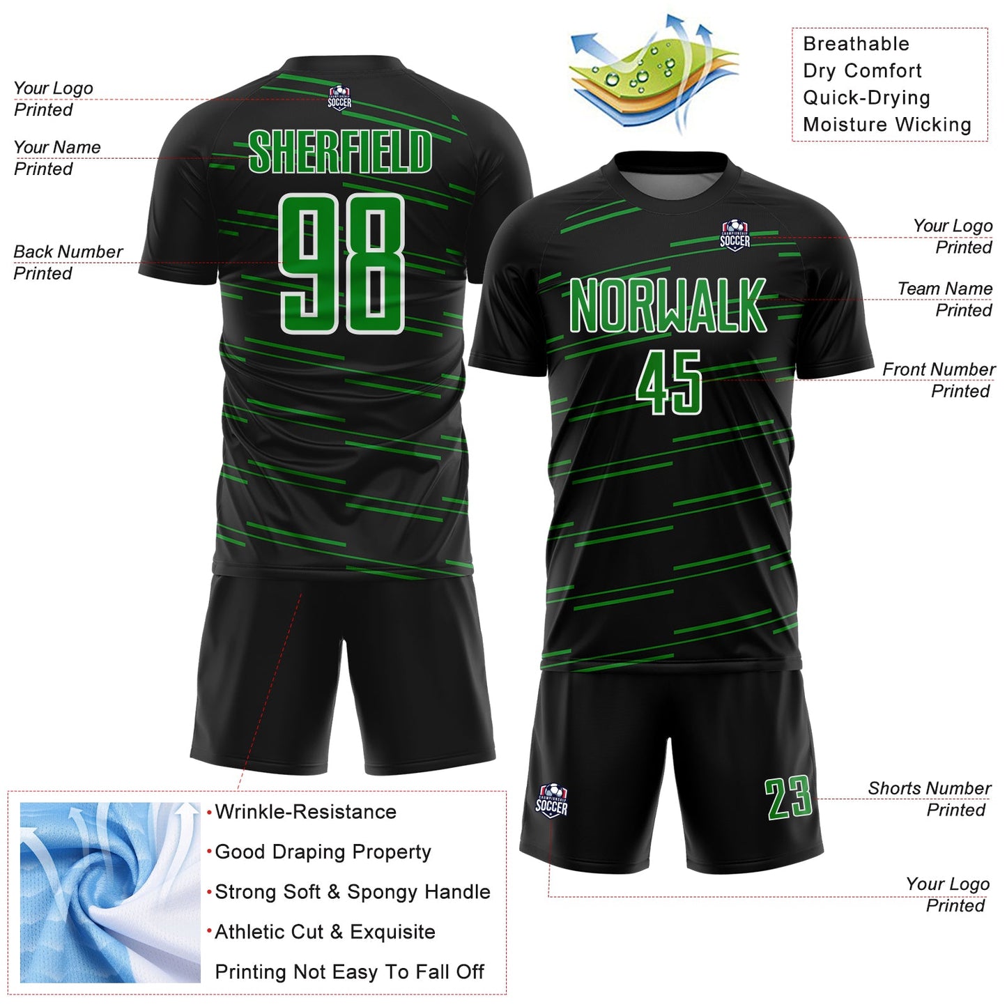 Custom Black Grass Green-White Diagonal Pinstripes Lines Sports Sublimation Soccer Uniform Jersey view 4