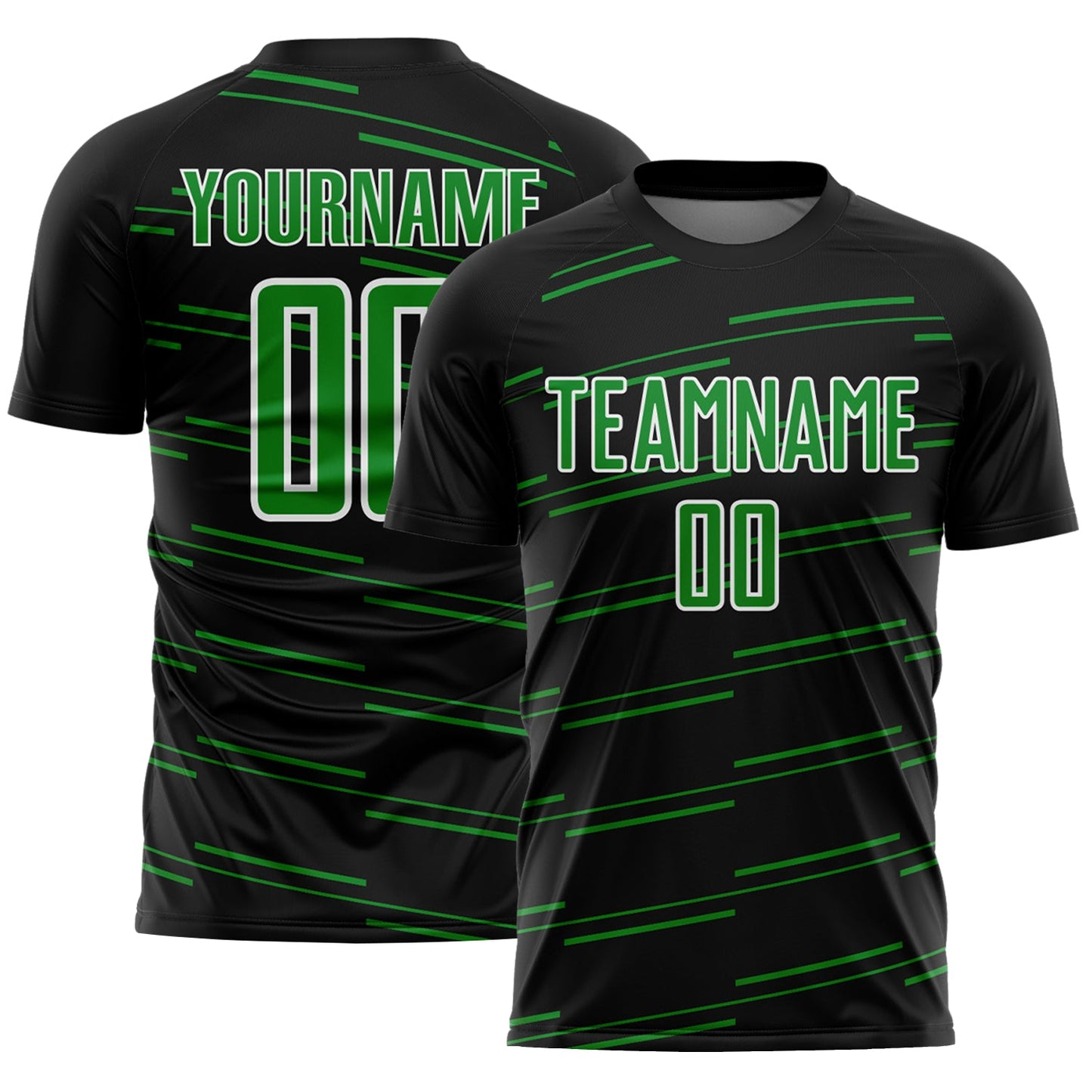Custom Black Grass Green-White Diagonal Pinstripes Lines Sports Sublimation Soccer Uniform Jersey - Main View