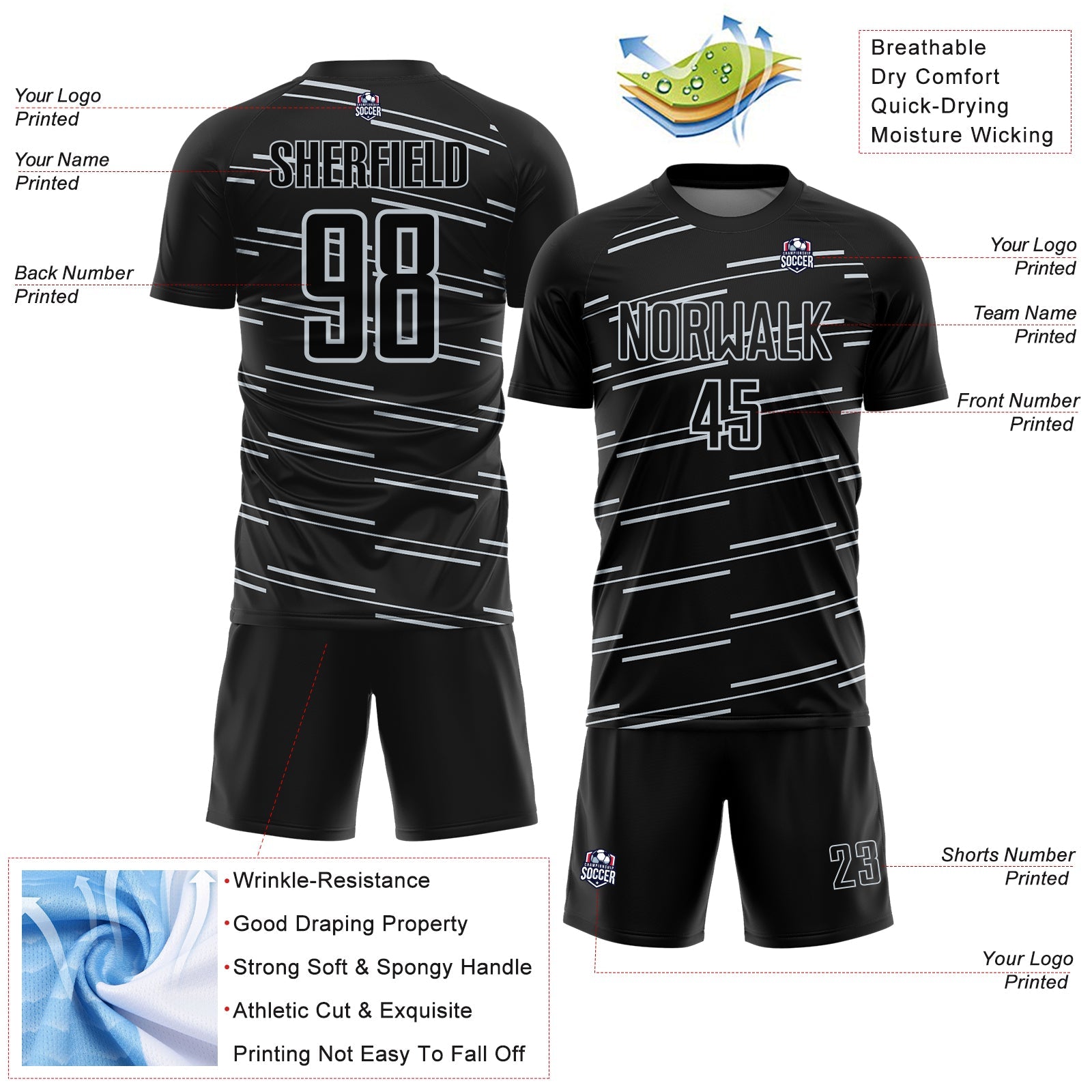Custom Black Silver Diagonal Pinstripes Lines Sports Sublimation Soccer Uniform Jersey view 4