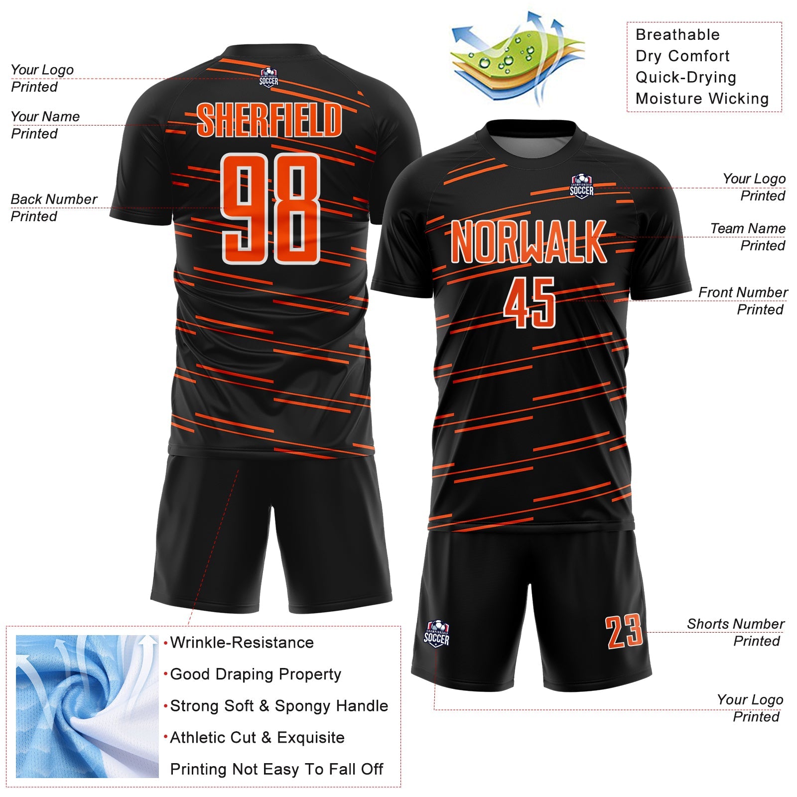 Custom Black Orange-White Diagonal Pinstripes Lines Sports Sublimation Soccer Uniform Jersey view 4