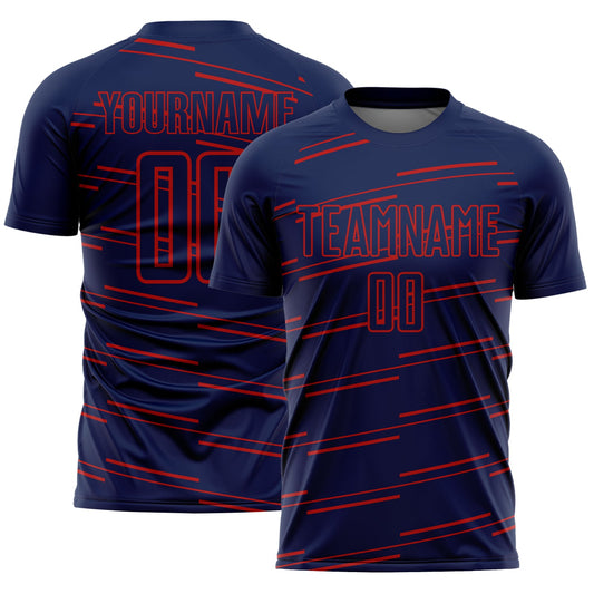 Custom Navy Red Diagonal Pinstripes Lines Sports Sublimation Soccer Uniform Jersey - Main View