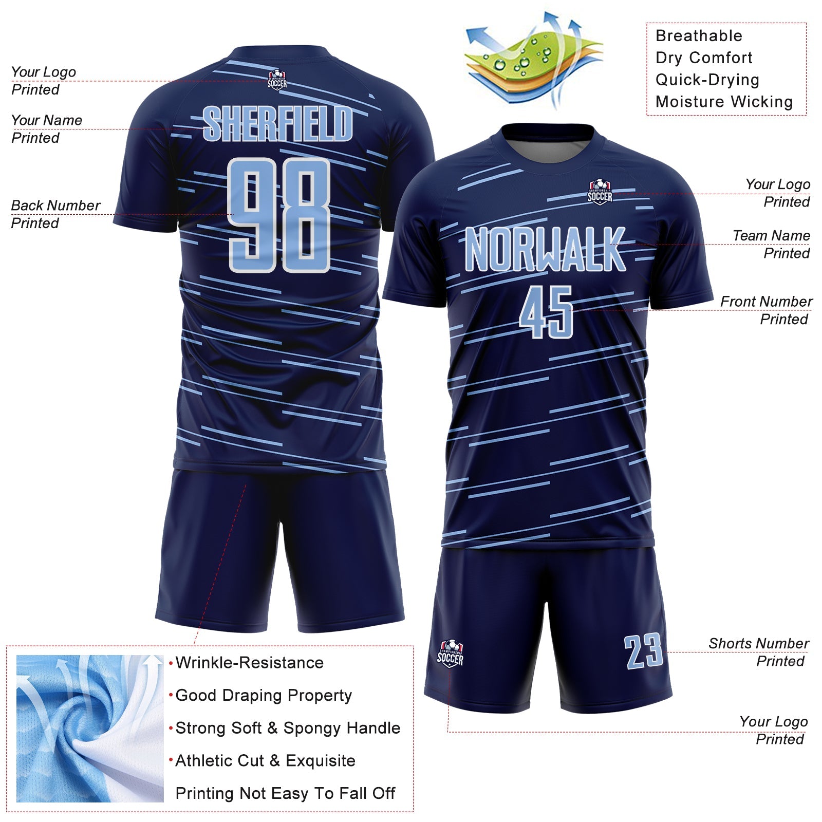Custom Navy Light Blue-White Diagonal Pinstripes Lines Sports Sublimation Soccer Uniform Jersey view 4