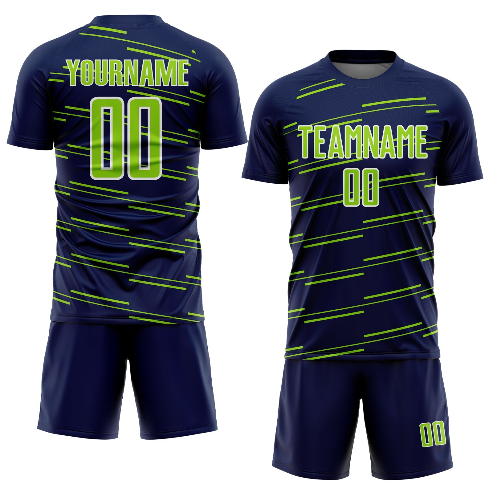 Custom Navy Neon Green-White Diagonal Pinstripes Lines Sports Sublimation Soccer Uniform Jersey view 2
