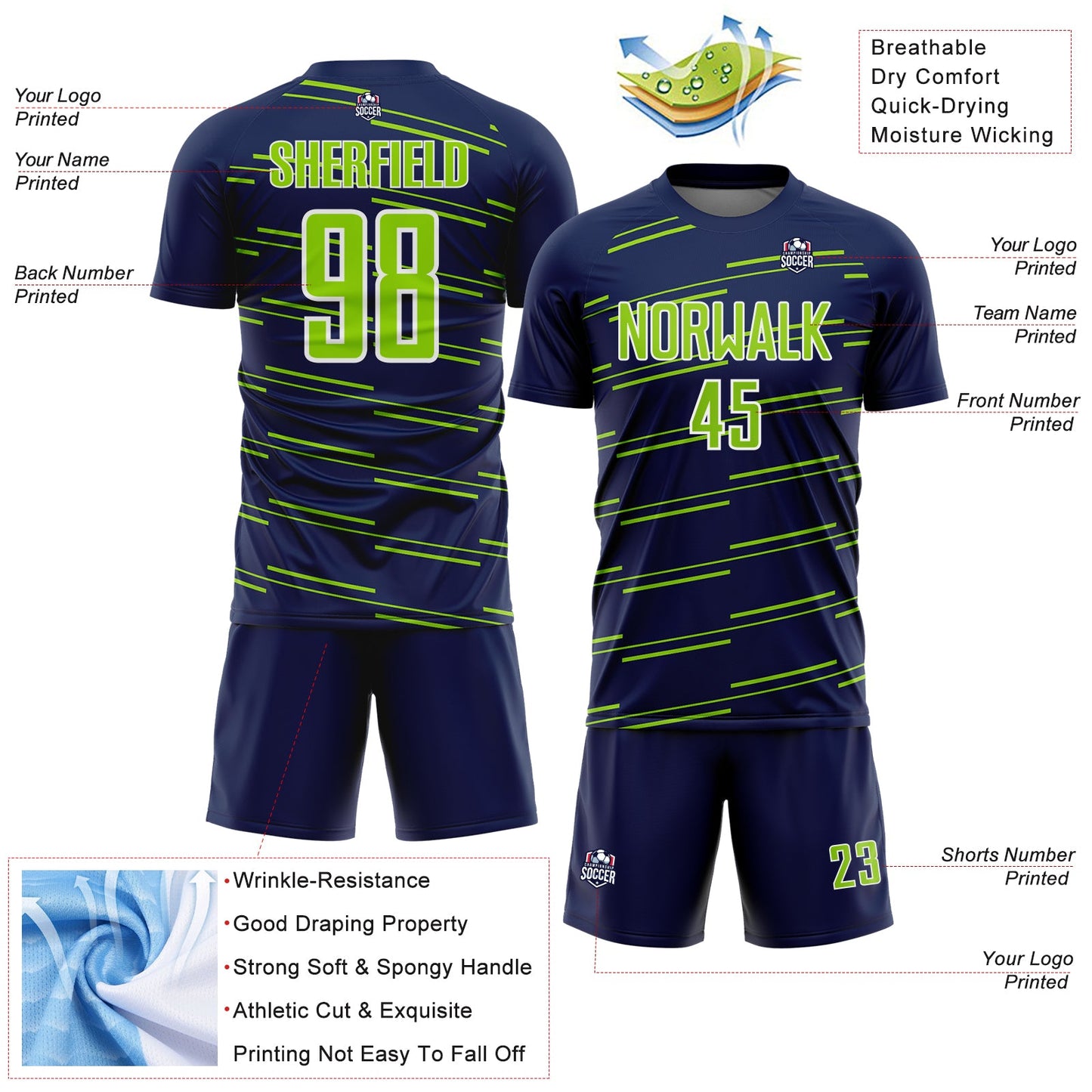 Custom Navy Neon Green-White Diagonal Pinstripes Lines Sports Sublimation Soccer Uniform Jersey view 4