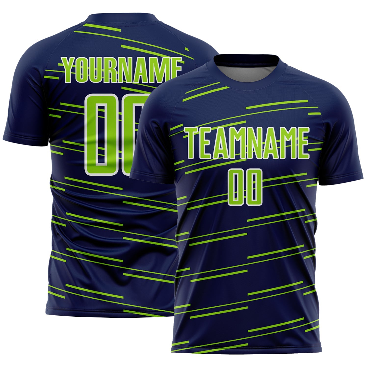 Custom Navy Neon Green-White Diagonal Pinstripes Lines Sports Sublimation Soccer Uniform Jersey - Main View