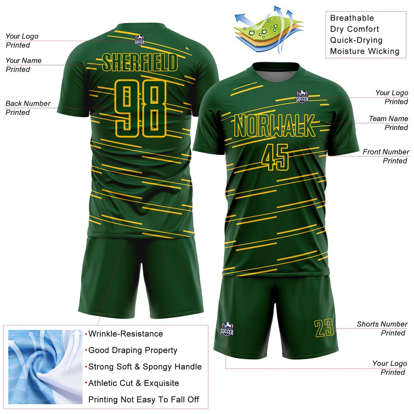 Custom Green Yellow Diagonal Pinstripes Lines Sports Sublimation Soccer Uniform Jersey view 4