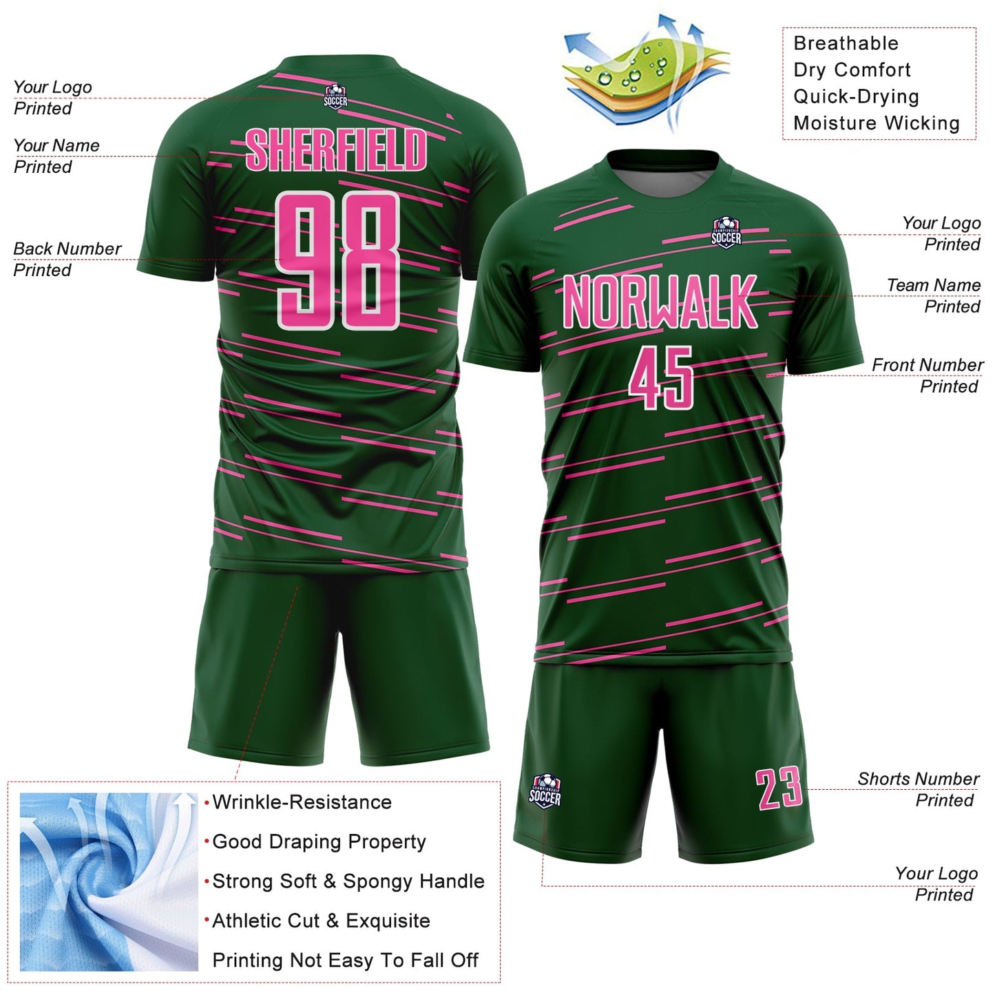 Custom Green Pink-White Diagonal Pinstripes Lines Sports Sublimation Soccer Uniform Jersey view 4
