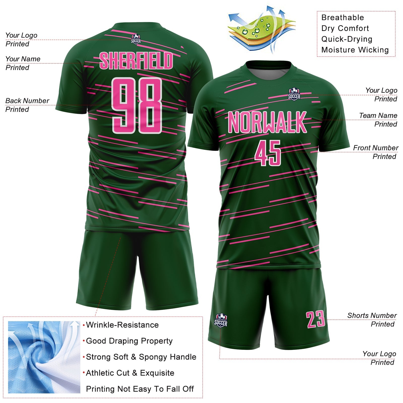Custom Green Pink-White Diagonal Pinstripes Lines Sports Sublimation Soccer Uniform Jersey view 4