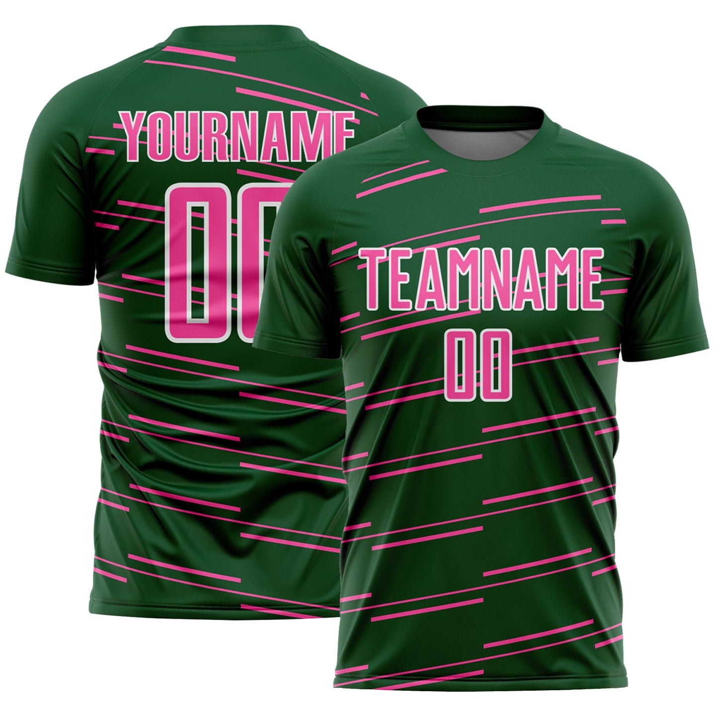 Custom Green Pink-White Diagonal Pinstripes Lines Sports Sublimation Soccer Uniform Jersey - Main View