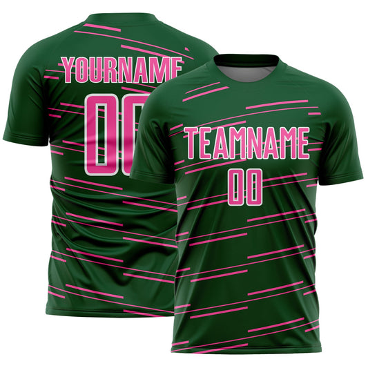 Custom Green Pink-White Diagonal Pinstripes Lines Sports Sublimation Soccer Uniform Jersey - Main View