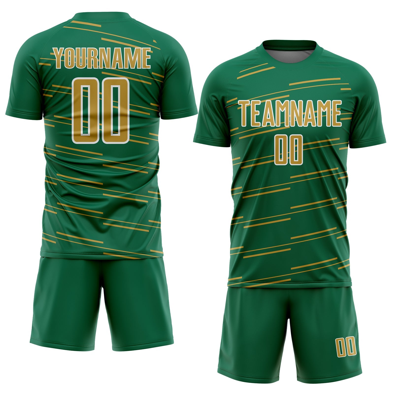 Custom Kelly Green Old Gold-White Diagonal Pinstripes Lines Sports Sublimation Soccer Uniform Jersey view 2
