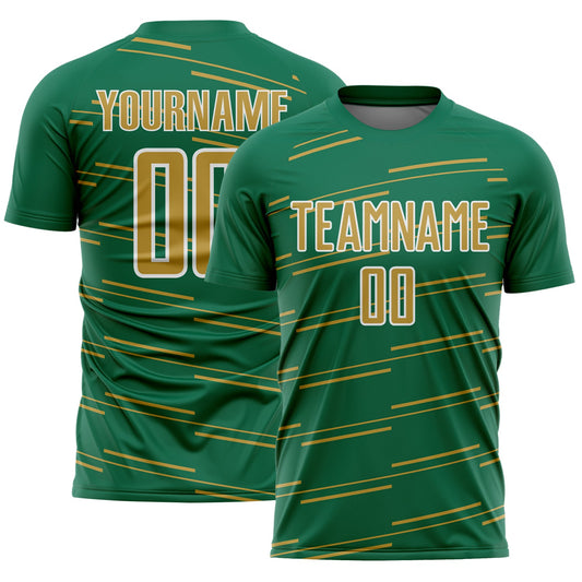 Custom Kelly Green Old Gold-White Diagonal Pinstripes Lines Sports Sublimation Soccer Uniform Jersey - Main View