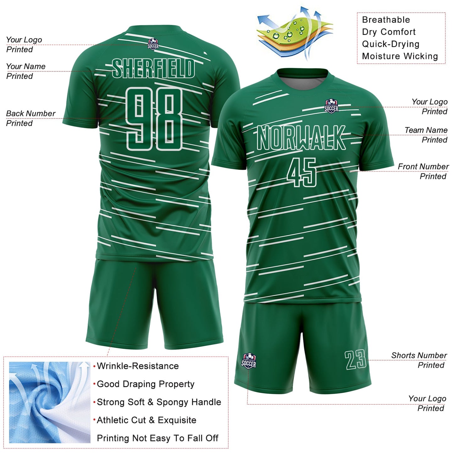 Custom Kelly Green White Diagonal Pinstripes Lines Sports Sublimation Soccer Uniform Jersey view 4