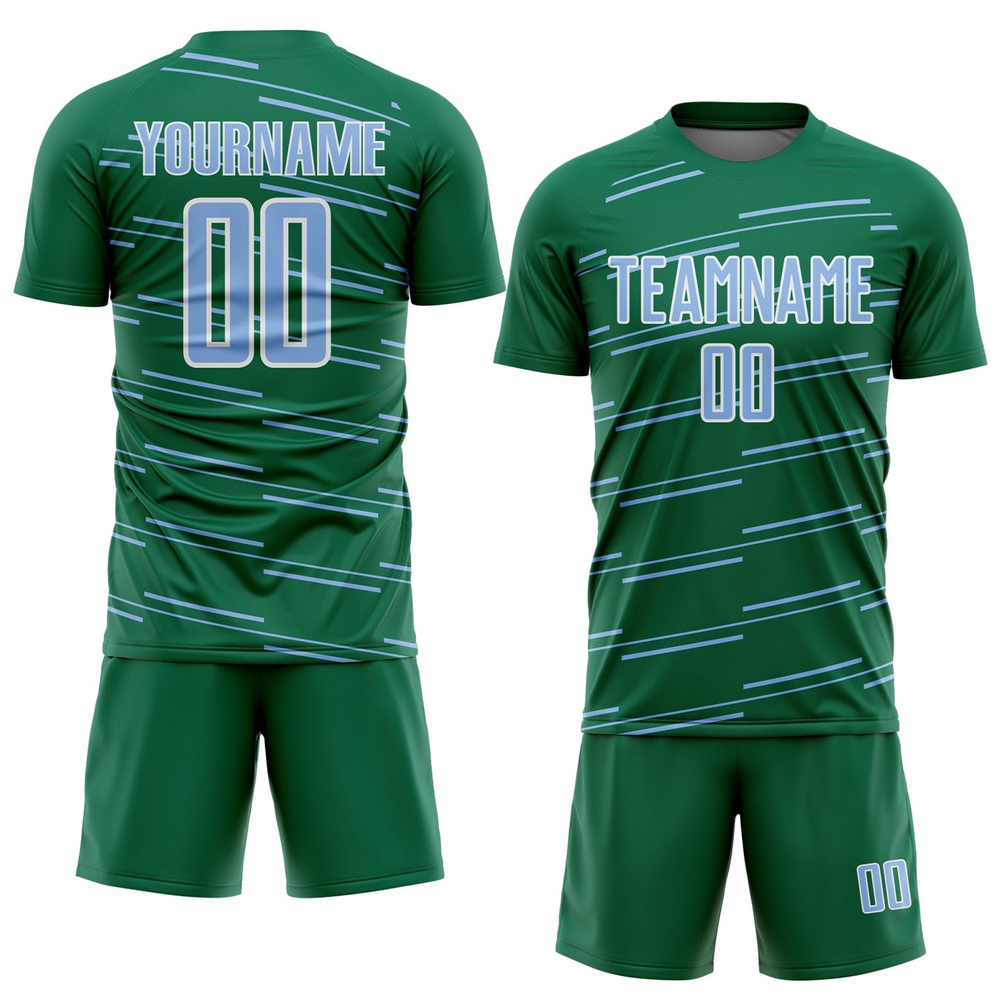 Custom Kelly Green Light Blue-White Diagonal Pinstripes Lines Sports Sublimation Soccer Uniform Jersey view 2
