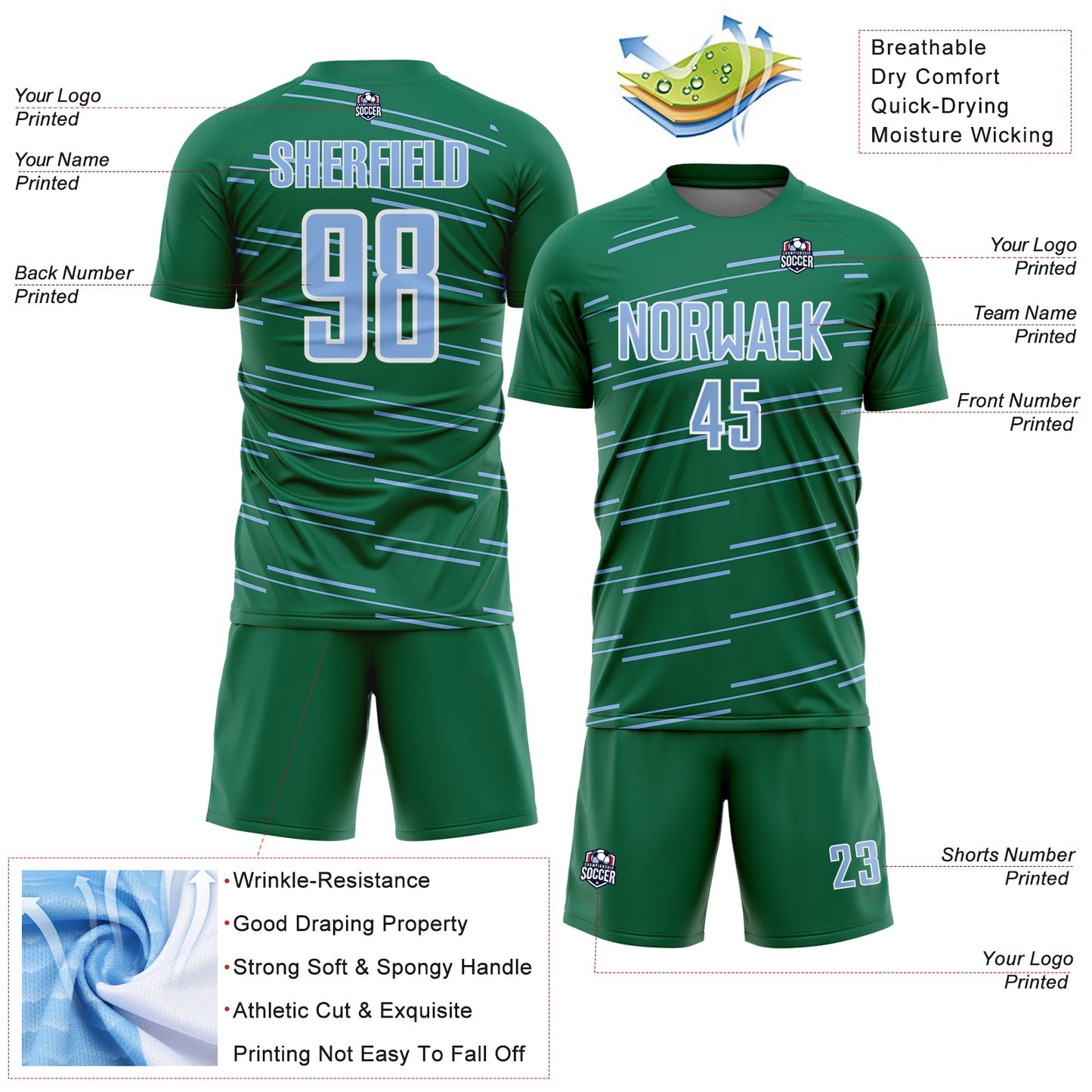 Custom Kelly Green Light Blue-White Diagonal Pinstripes Lines Sports Sublimation Soccer Uniform Jersey view 4