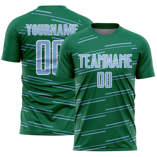 Custom Kelly Green Light Blue-White Diagonal Pinstripes Lines Sports Sublimation Soccer Uniform Jersey - Main View