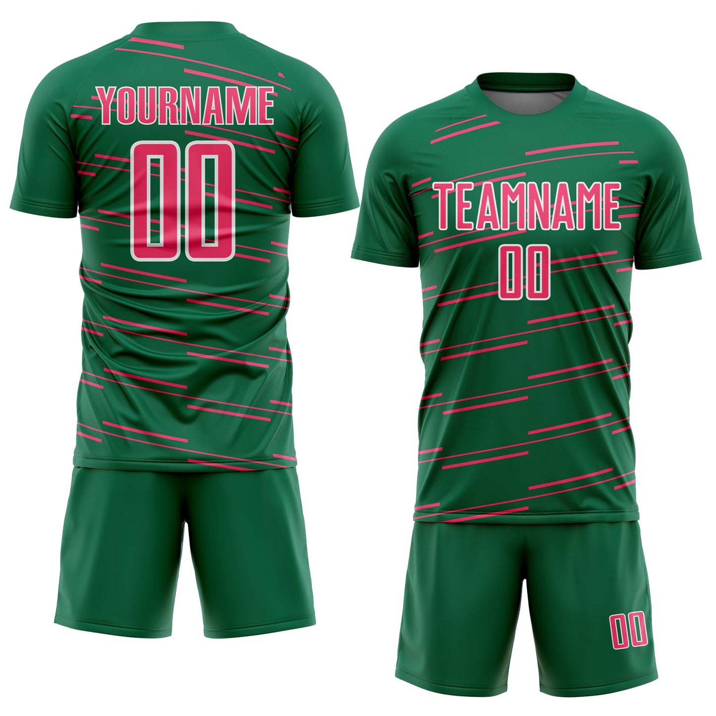 Custom Kelly Green Neon Pink-White Diagonal Pinstripes Lines Sports Sublimation Soccer Uniform Jersey view 2