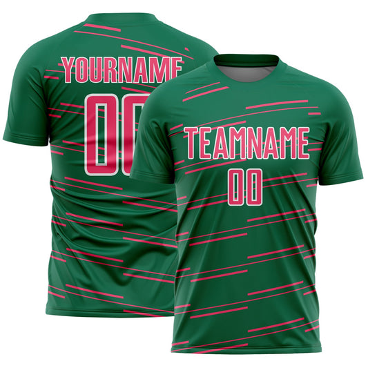 Custom Kelly Green Neon Pink-White Diagonal Pinstripes Lines Sports Sublimation Soccer Uniform Jersey - Main View