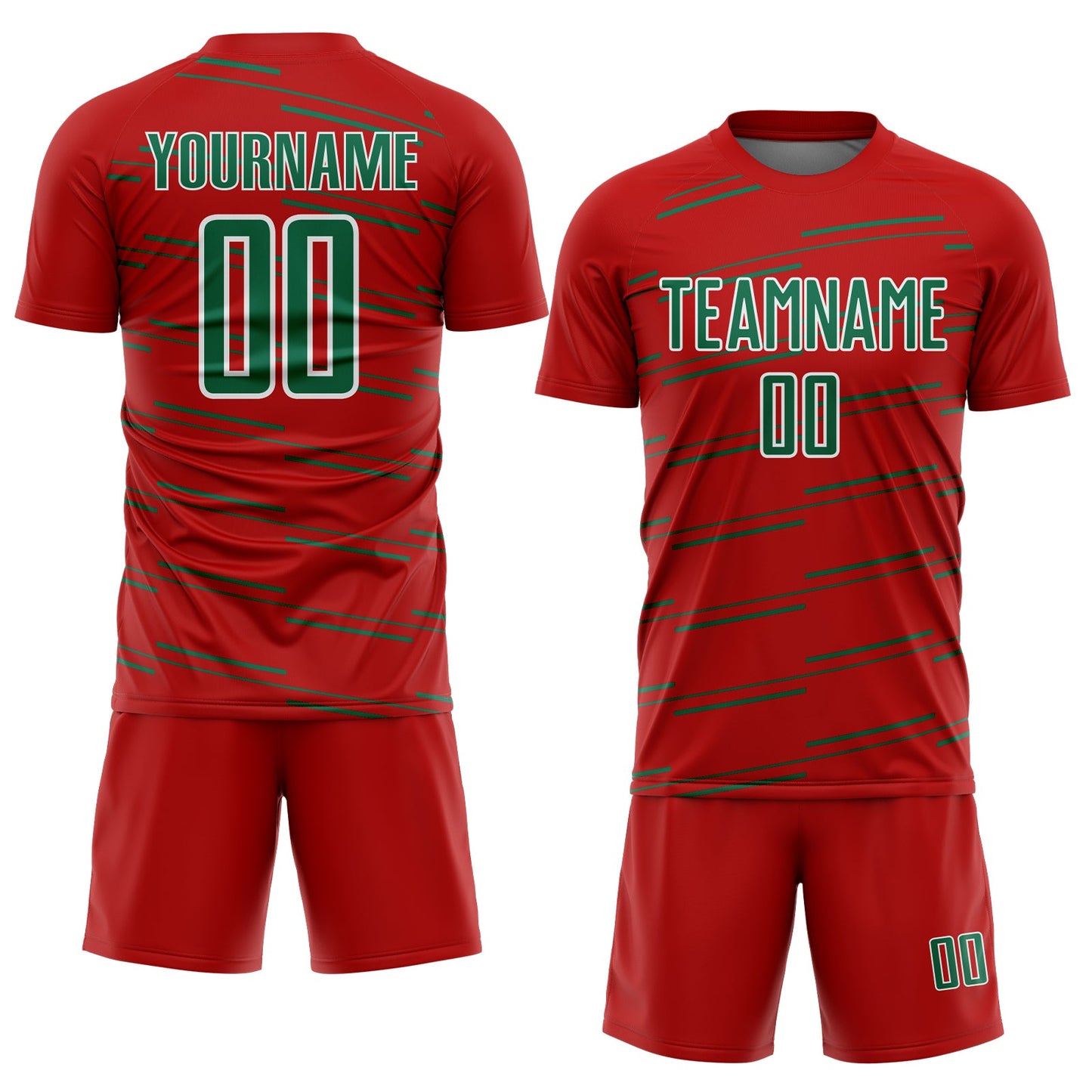Custom Red Kelly Green-White Diagonal Pinstripes Lines Sports Sublimation Soccer Uniform Jersey view 2
