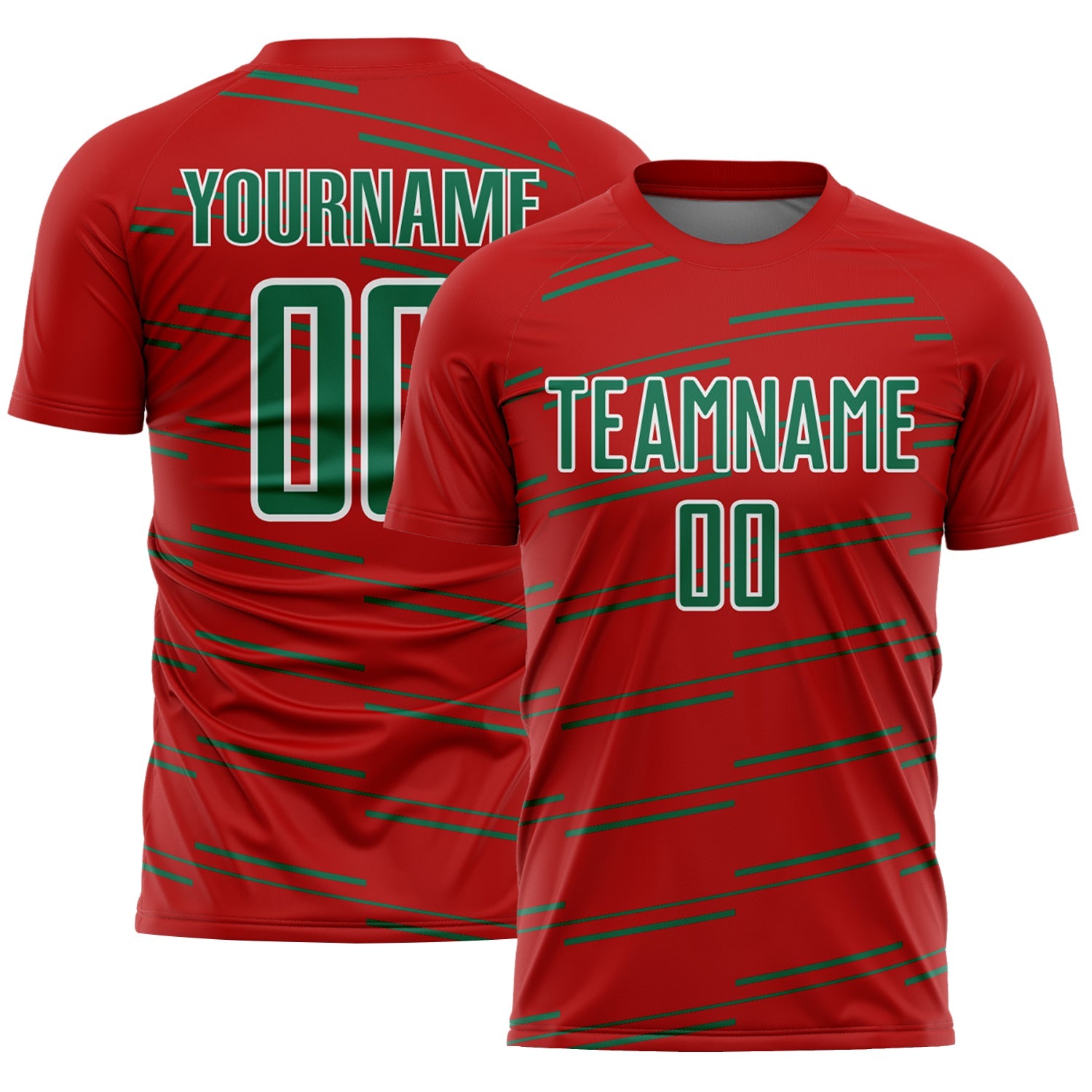 Custom Red Kelly Green-White Diagonal Pinstripes Lines Sports Sublimation Soccer Uniform Jersey - Main View