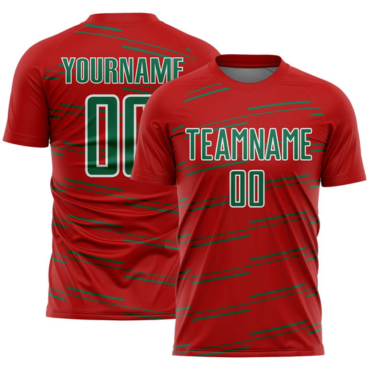 Custom Red Kelly Green-White Diagonal Pinstripes Lines Sports Sublimation Soccer Uniform Jersey - Main View