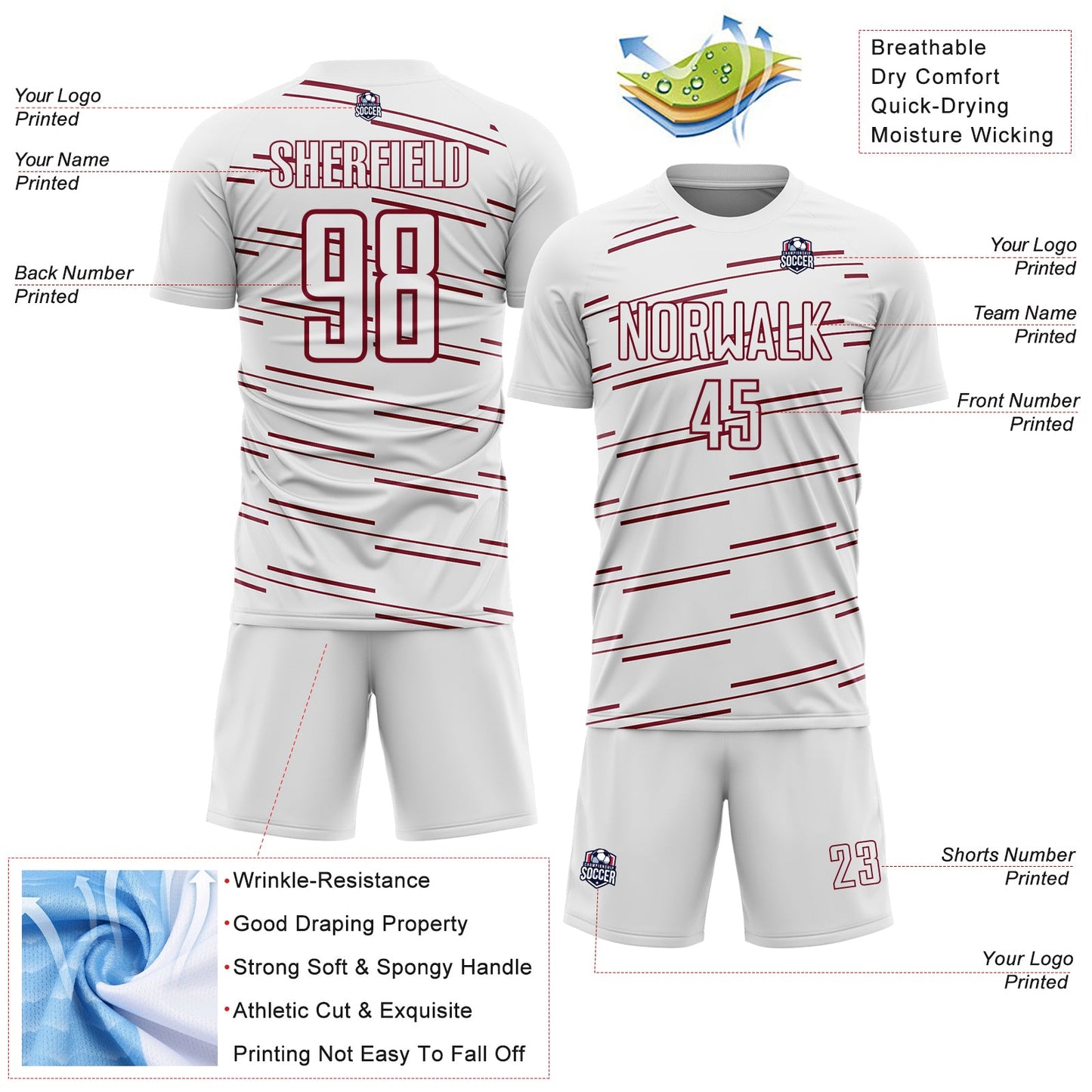 Custom White Crimson Diagonal Pinstripes Lines Sports Sublimation Soccer Uniform Jersey view 4