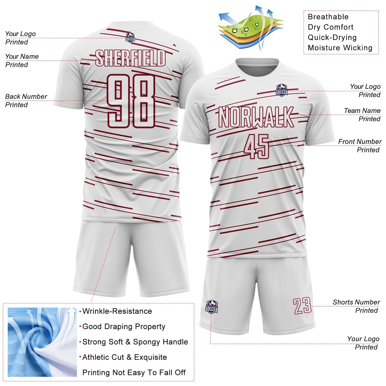 Custom White Crimson Diagonal Pinstripes Lines Sports Sublimation Soccer Uniform Jersey view 4