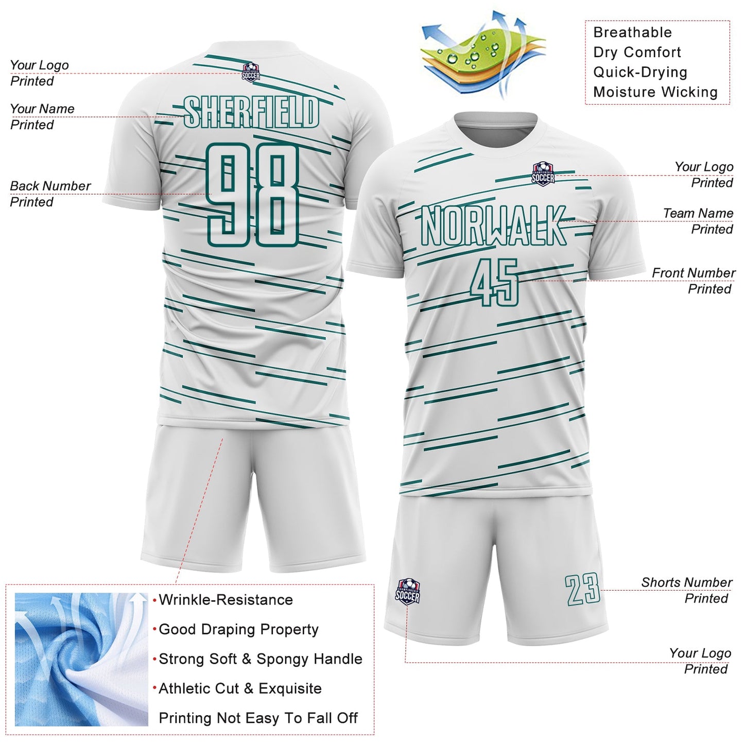 Custom White Teal Diagonal Pinstripes Lines Sports Sublimation Soccer Uniform Jersey view 4